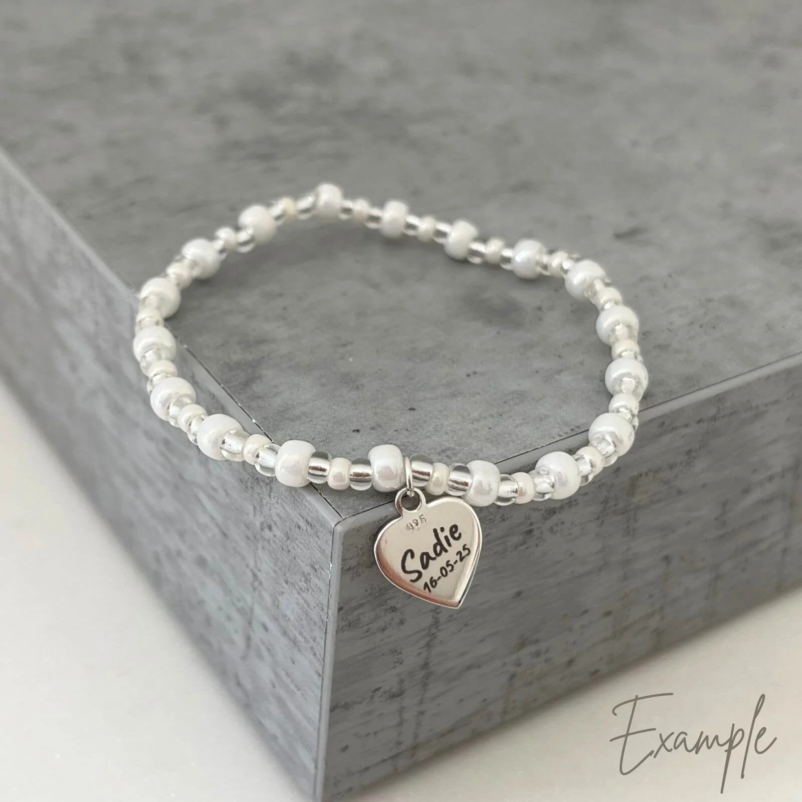 Bespoke Kids Holy Communion Sterling Silver Heart White Beaded Bracelet - Image 3