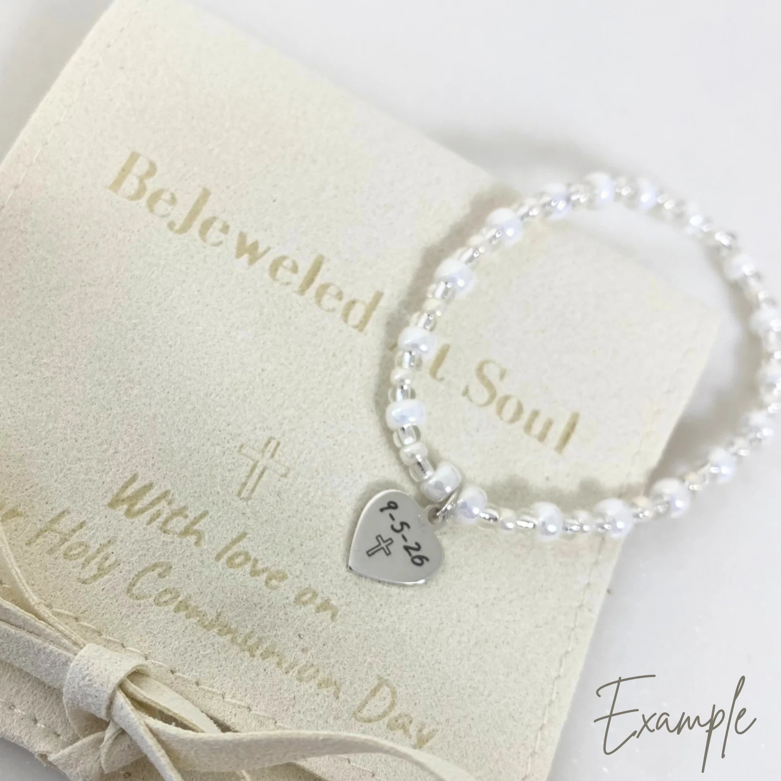 Bespoke Kids Holy Communion Sterling Silver Heart White Beaded Bracelet - Image 4