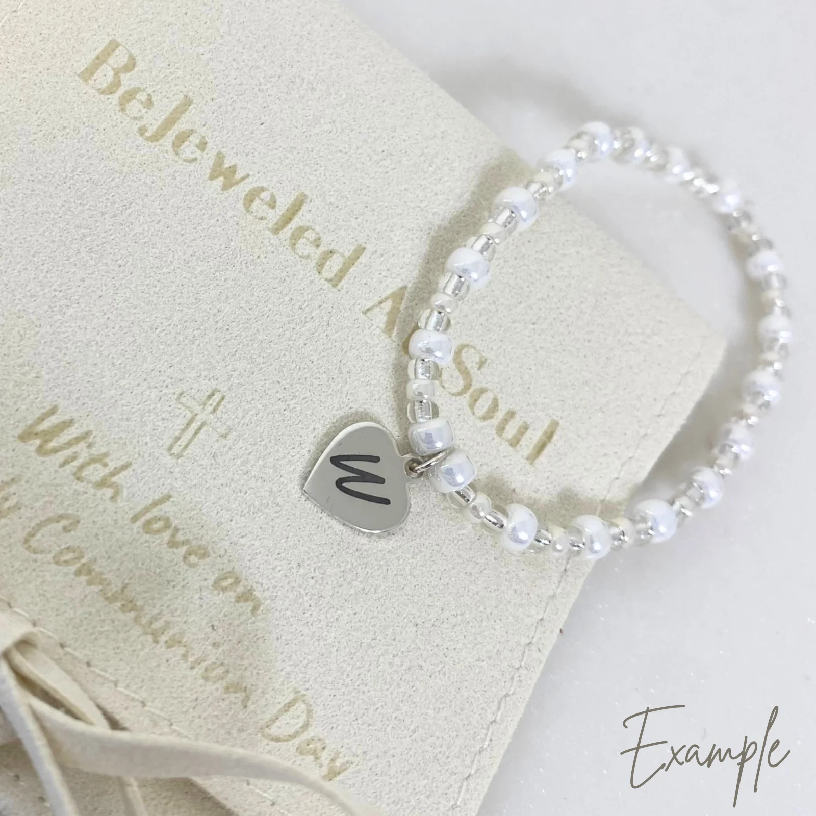 Bespoke Kids Holy Communion Sterling Silver Heart White Beaded Bracelet - Image 5
