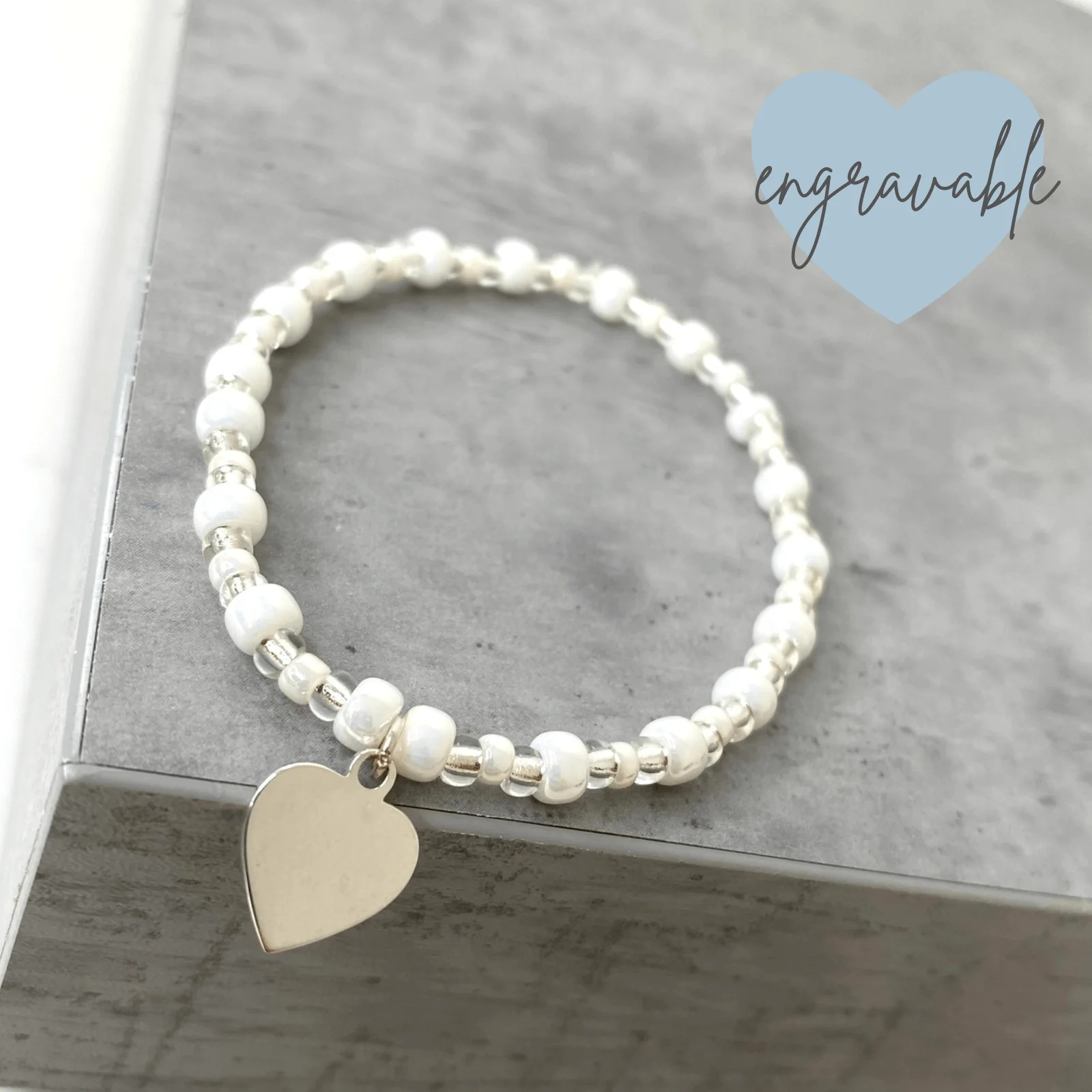Bespoke Kids Sterling Silver Heart White Beaded Bracelet