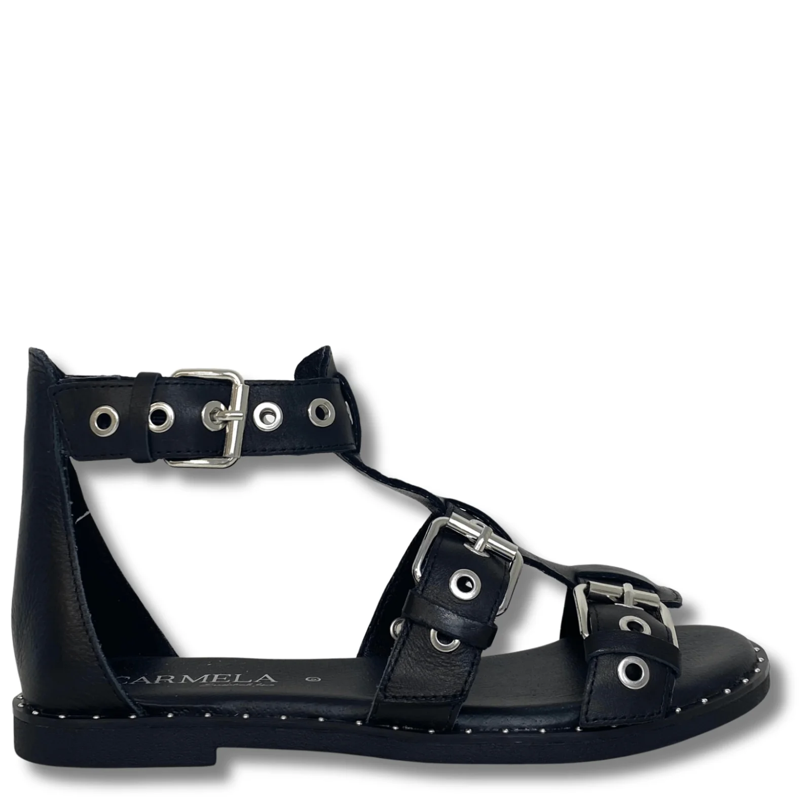 Carmela Black Leather Caged Flat Sandals