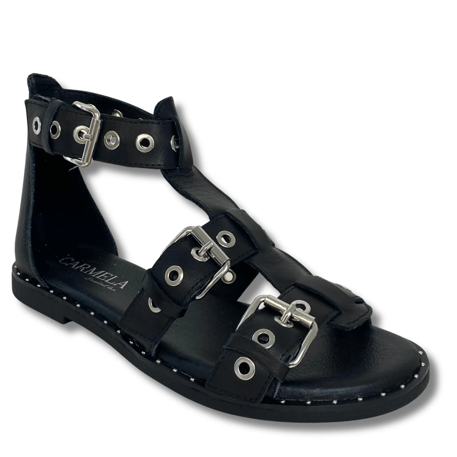 Carmela Black Leather Caged Flat Sandals - Image 2