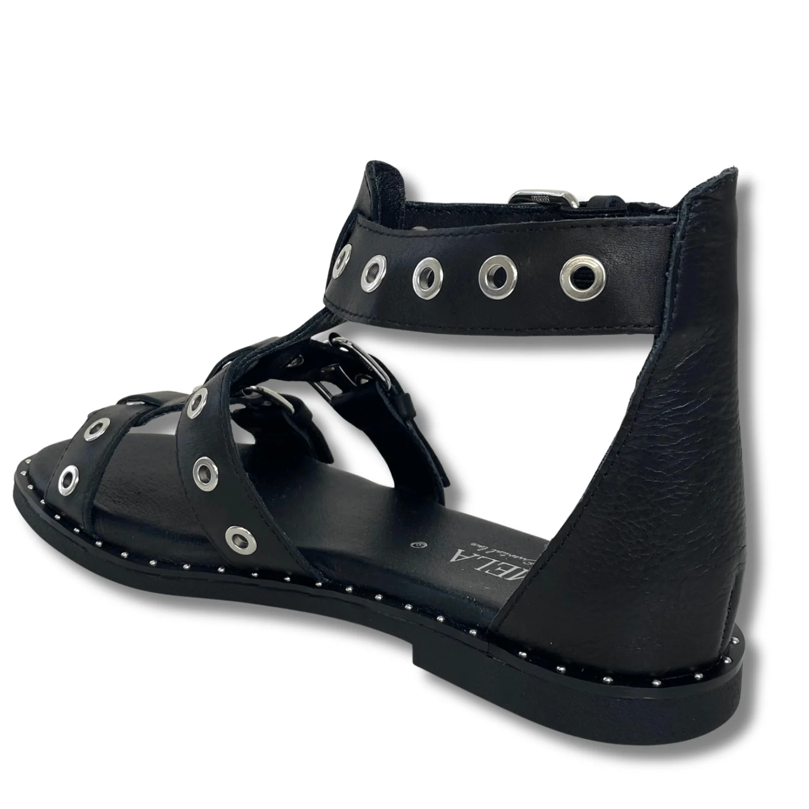 Carmela Black Leather Caged Flat Sandals - Image 3