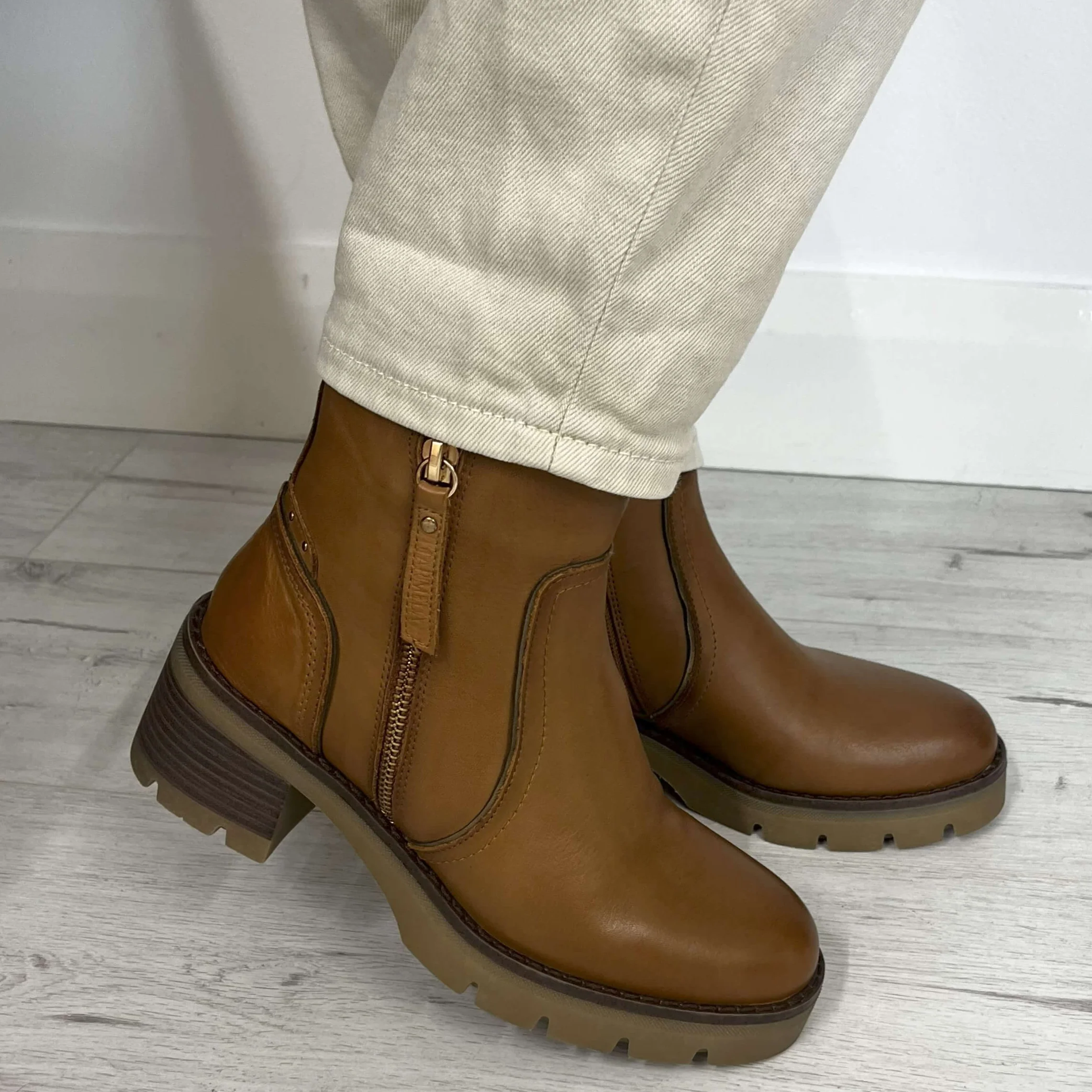 Carmela Tan Leather Block Heel Causal Boots - Image 6