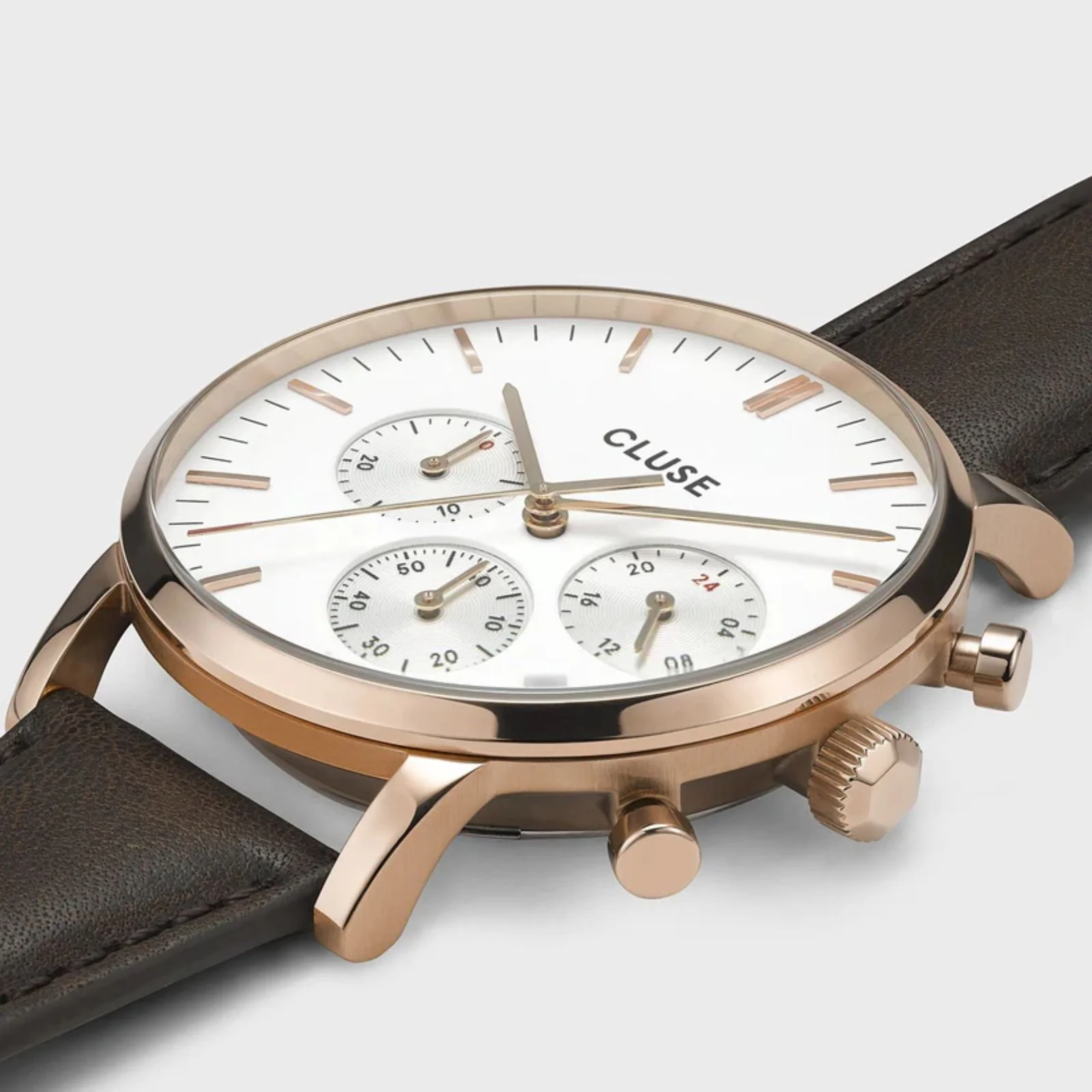 Cluse Aravis Chrono Rose Gold/Brown Leather Watch - White - Image 2
