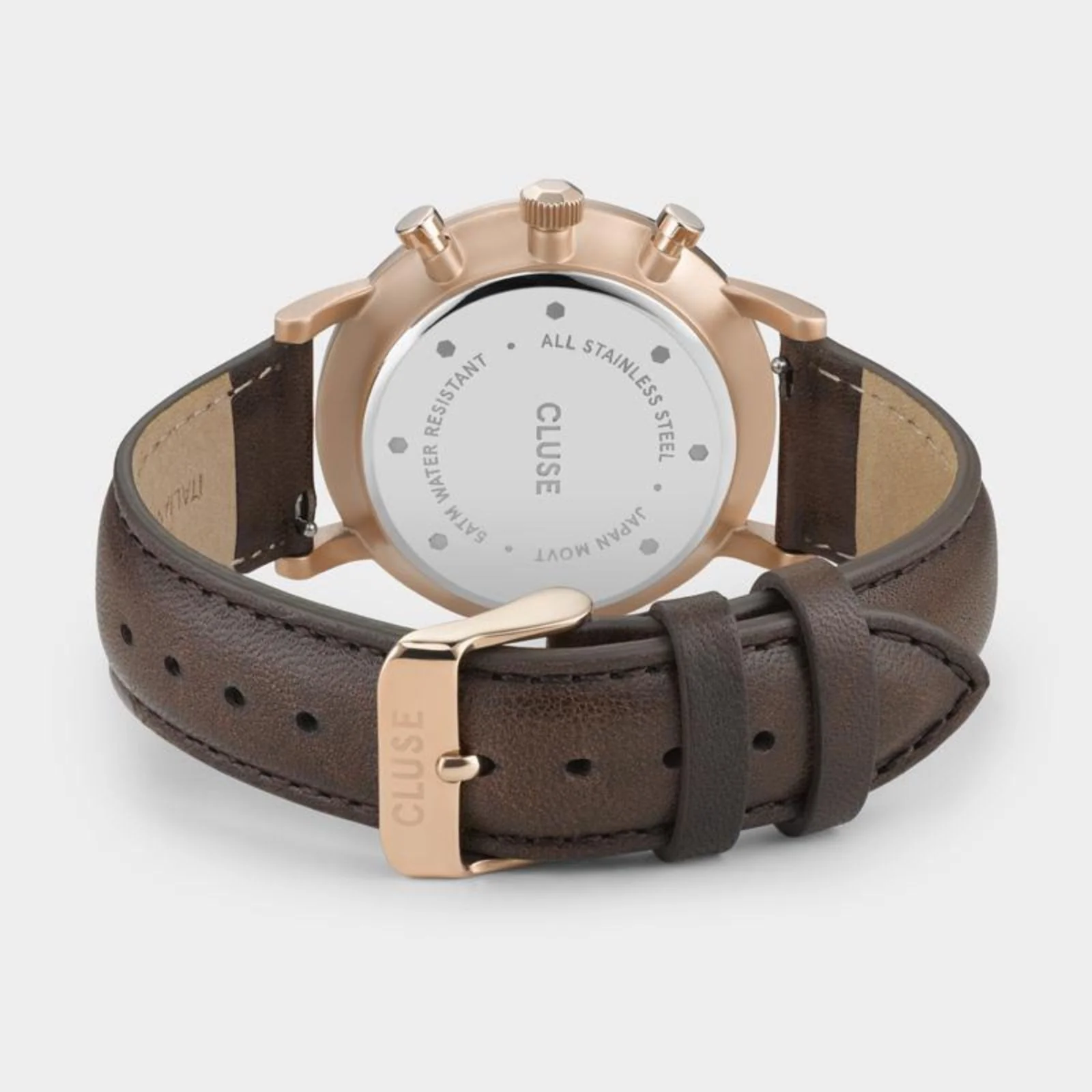 Cluse Aravis Chrono Rose Gold/Brown Leather Watch - White - Image 3