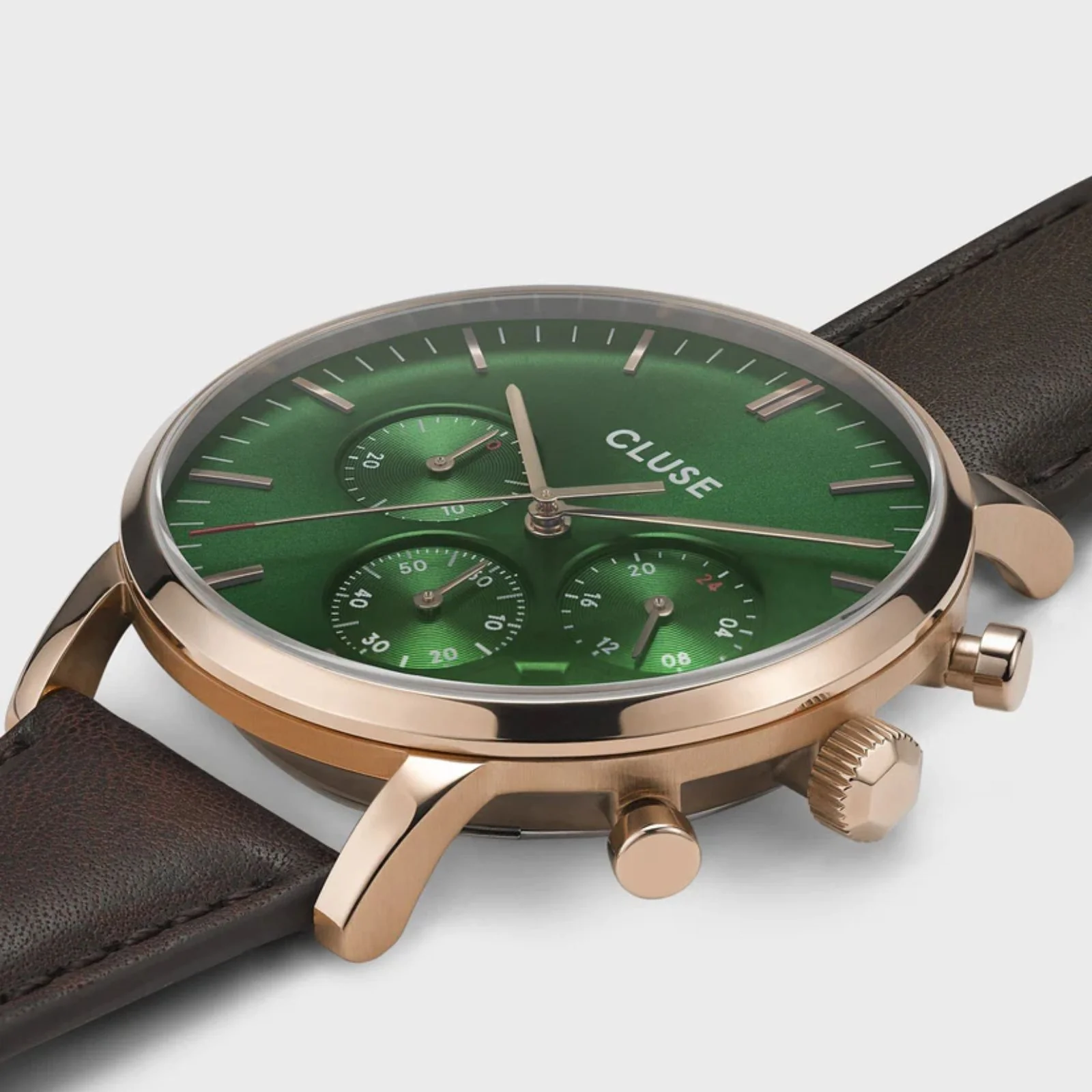 Cluse Aravis Chrono Rose Gold/Brown Leather Watch - Green - Image 2