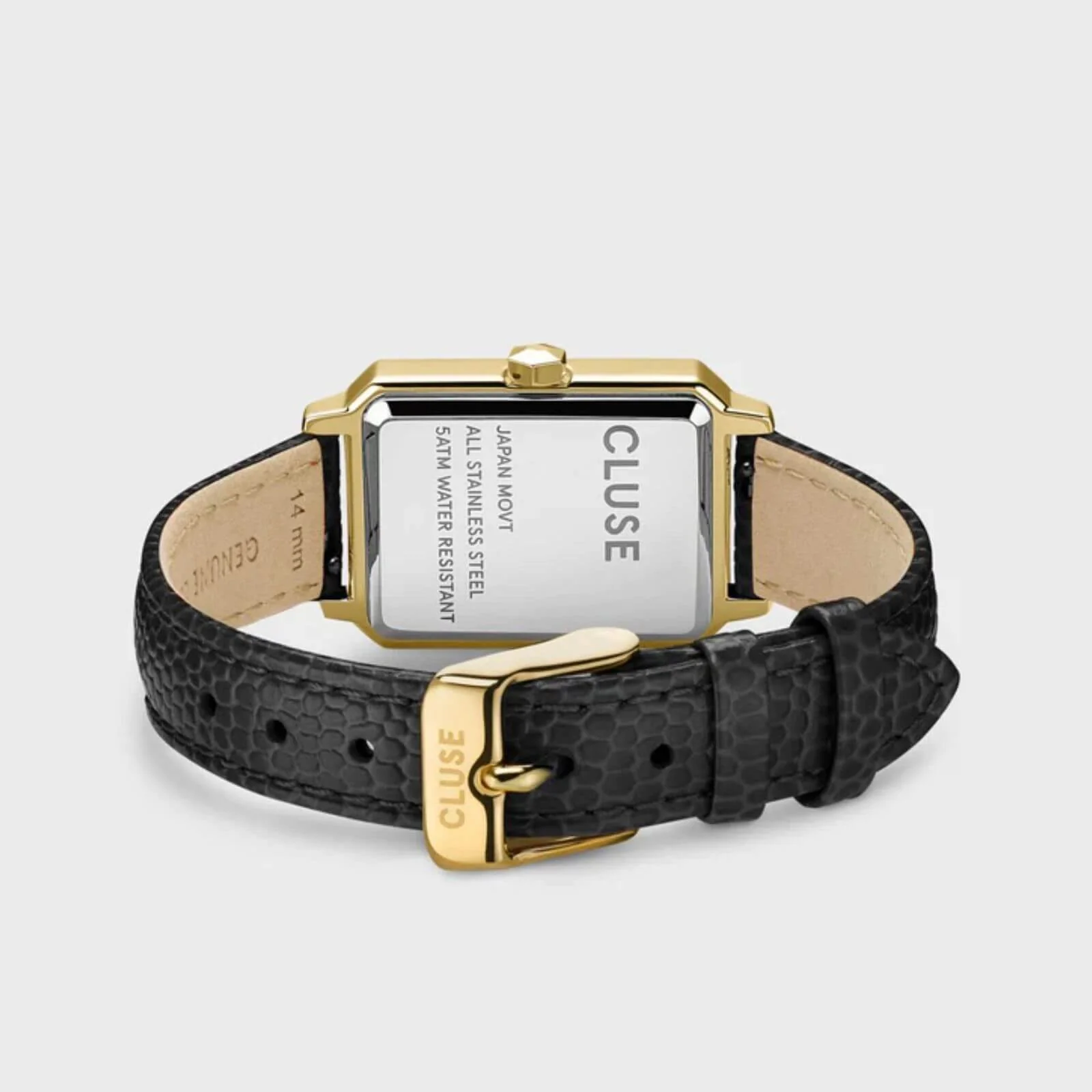 Cluse Fluette Gold Rectangle Face Black Leather Strap Watch - Image 3