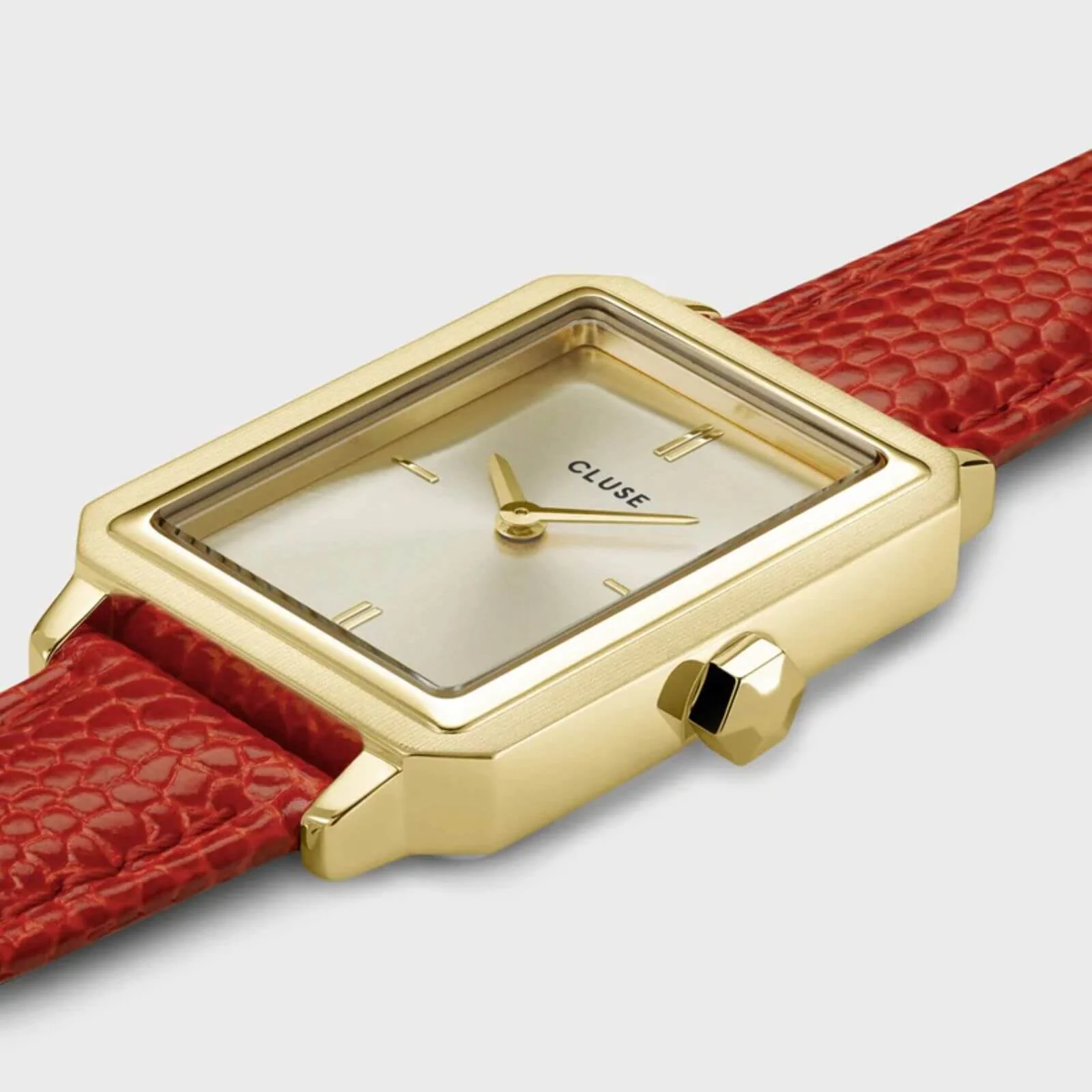 Cluse Fluette Gold Rectangle Face Coral Leather Strap Watch - Image 2
