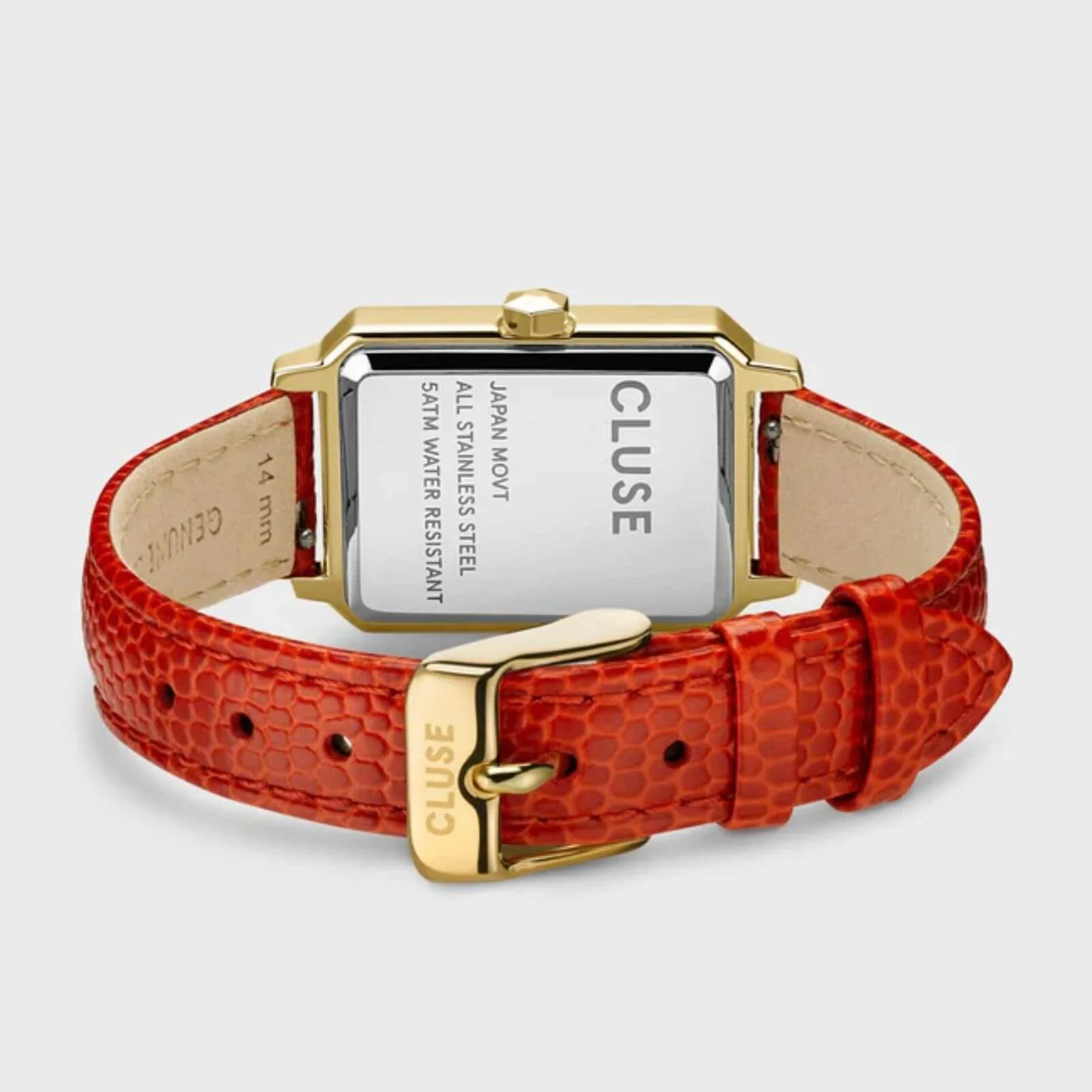 Cluse Fluette Gold Rectangle Face Coral Leather Strap Watch - Image 3
