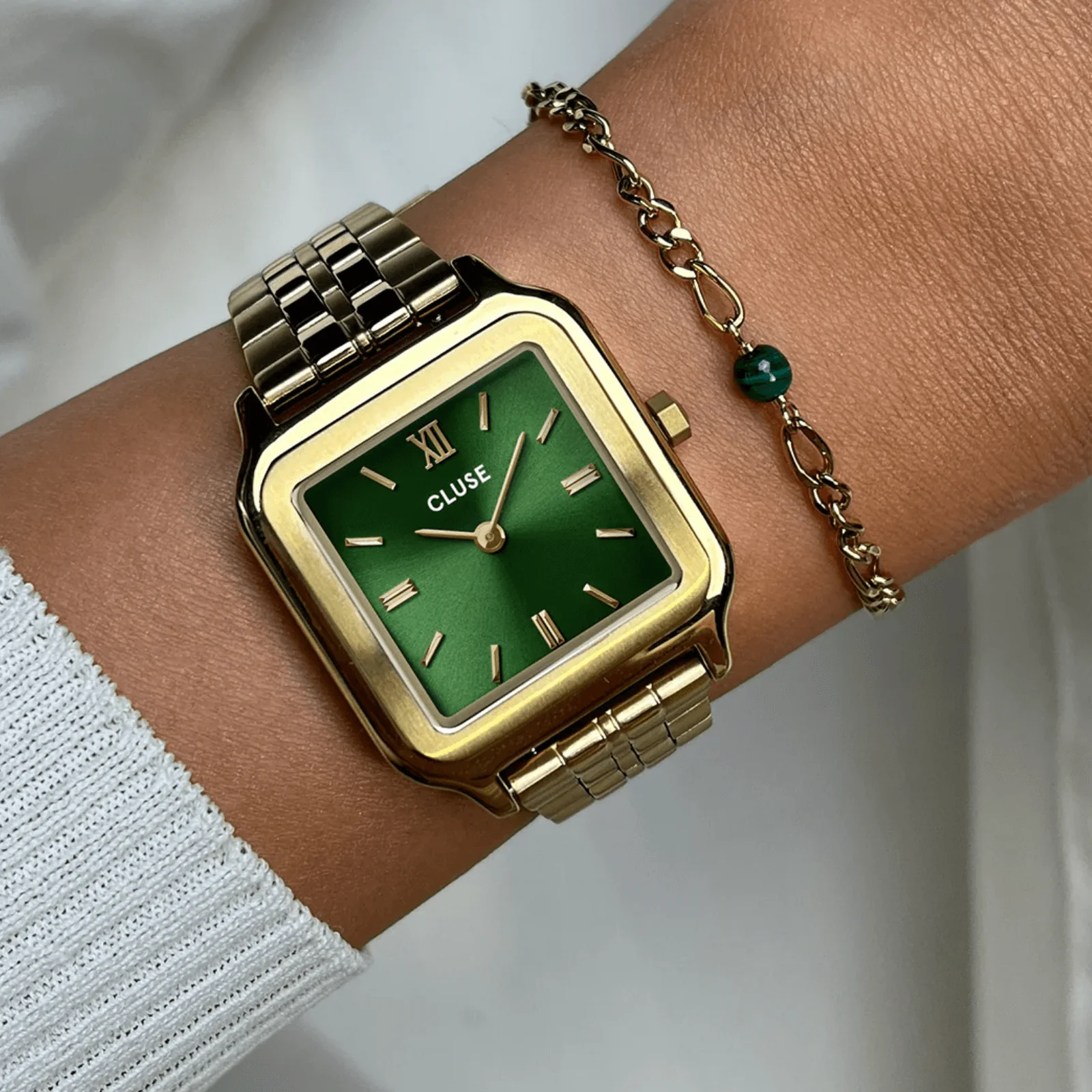 Cluse Gracieuse Forest Green Gold Watch & Malachite Curb Chain Bracelet Gift Box - Image 2