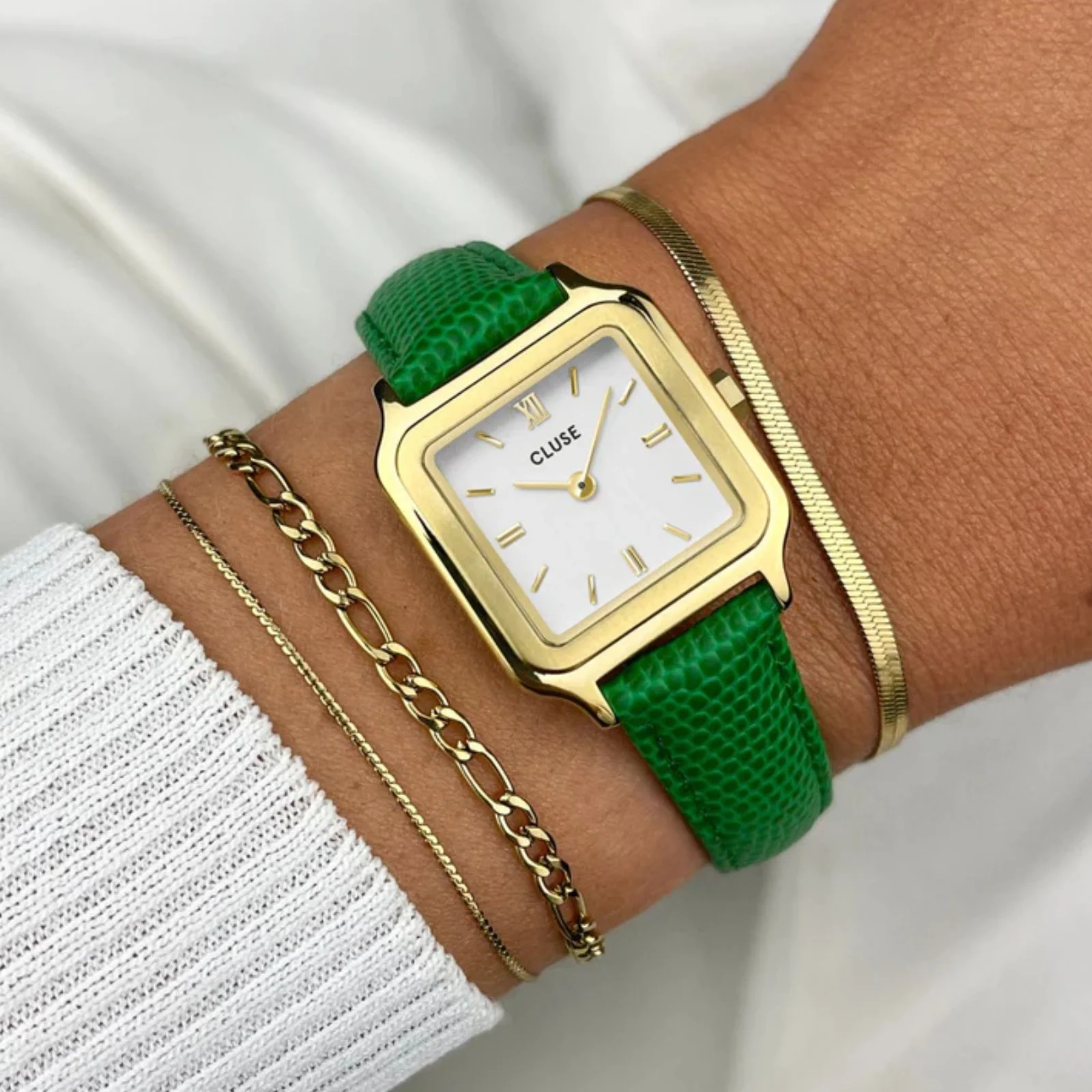 Cluse Gracieuse Petite Green Leather Strap Gold Watch - Image 4