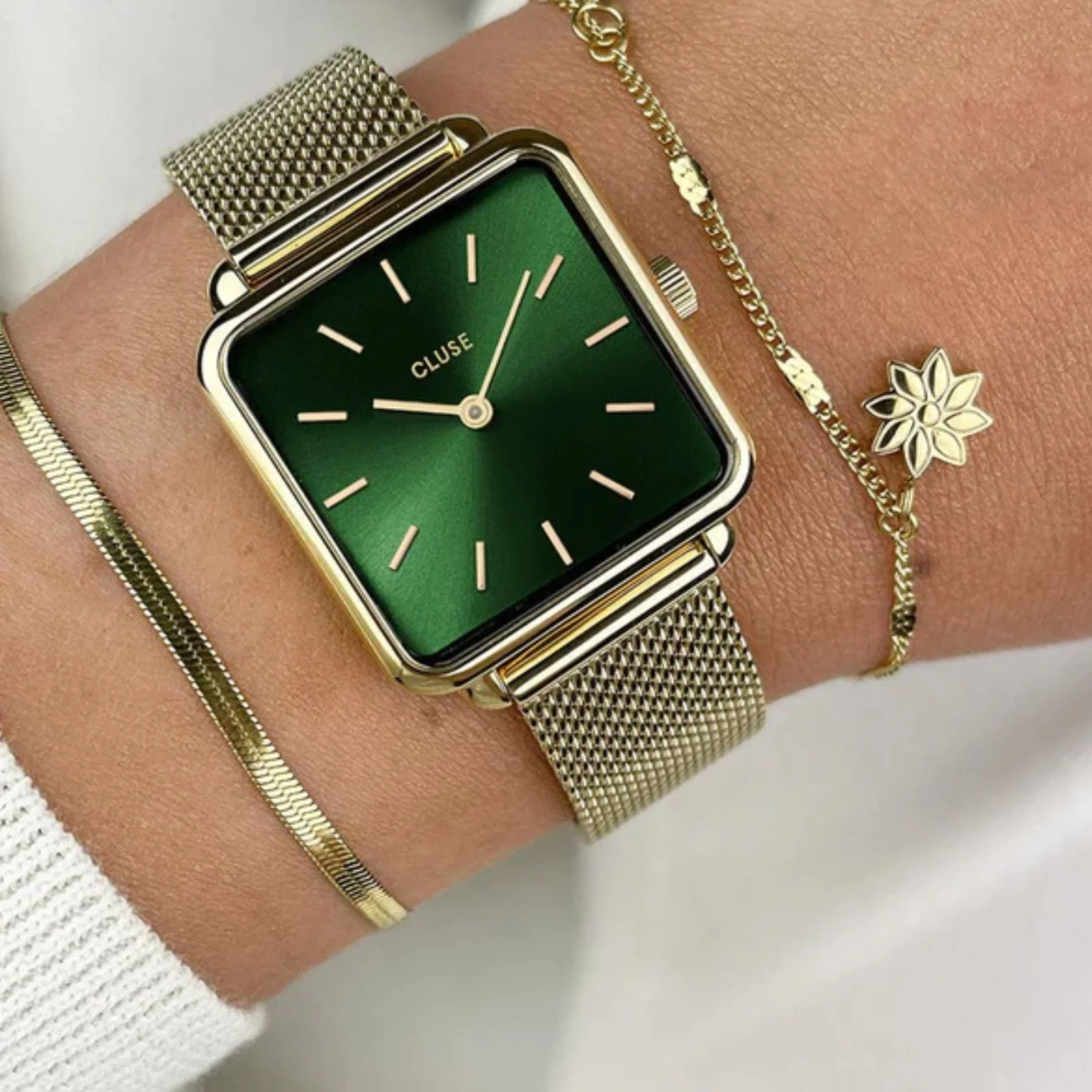 Cluse La Tetragone Gold Mesh Green Square Watch - Image 3