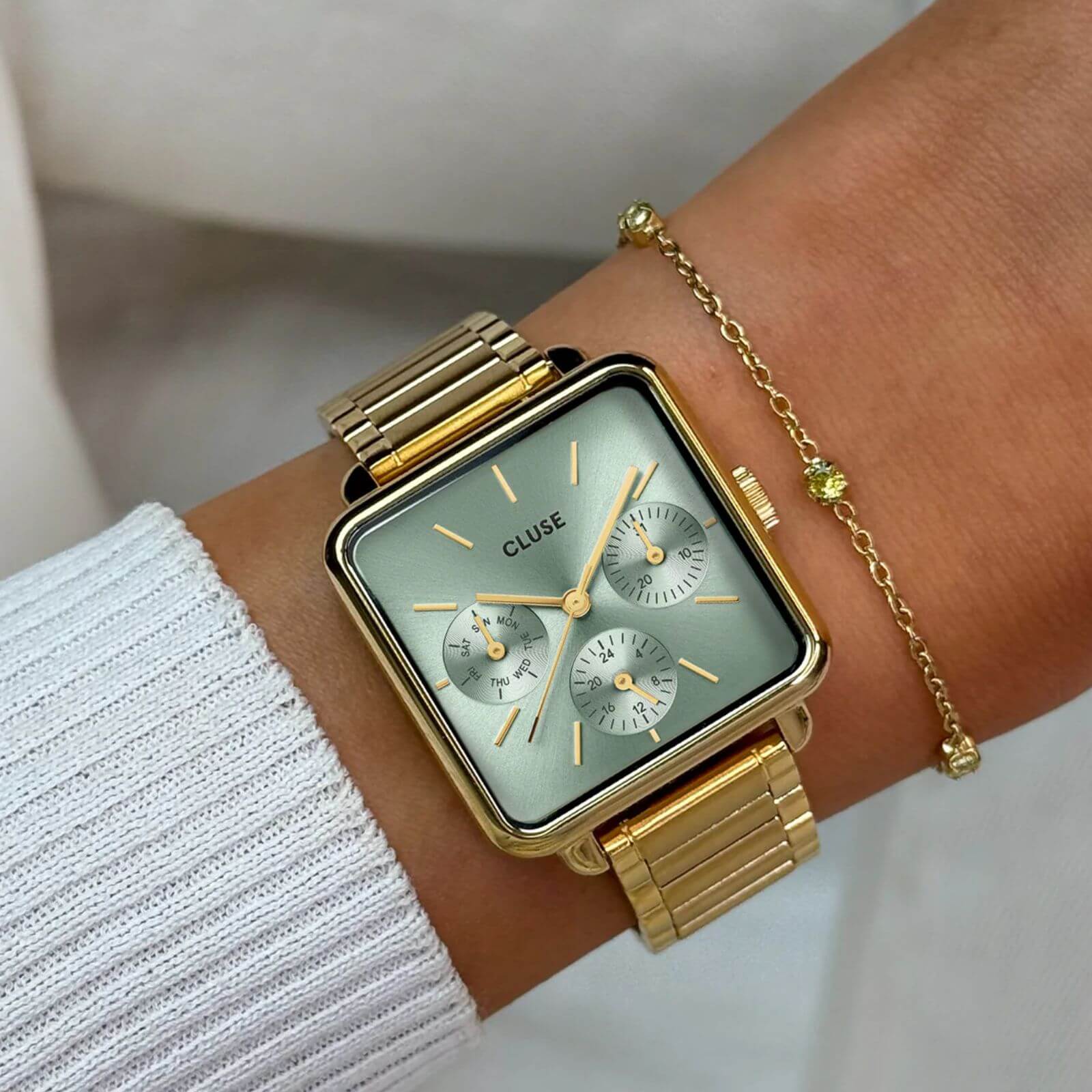 Cluse La Tetragone Gold Square Watch - Sage Green - Image 3