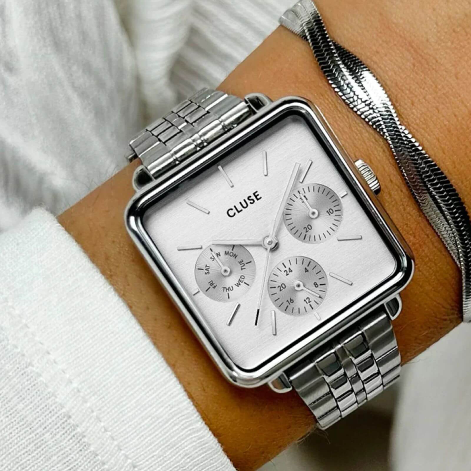 Cluse La Tetragone Multifunction Silver Square Watch - Image 3