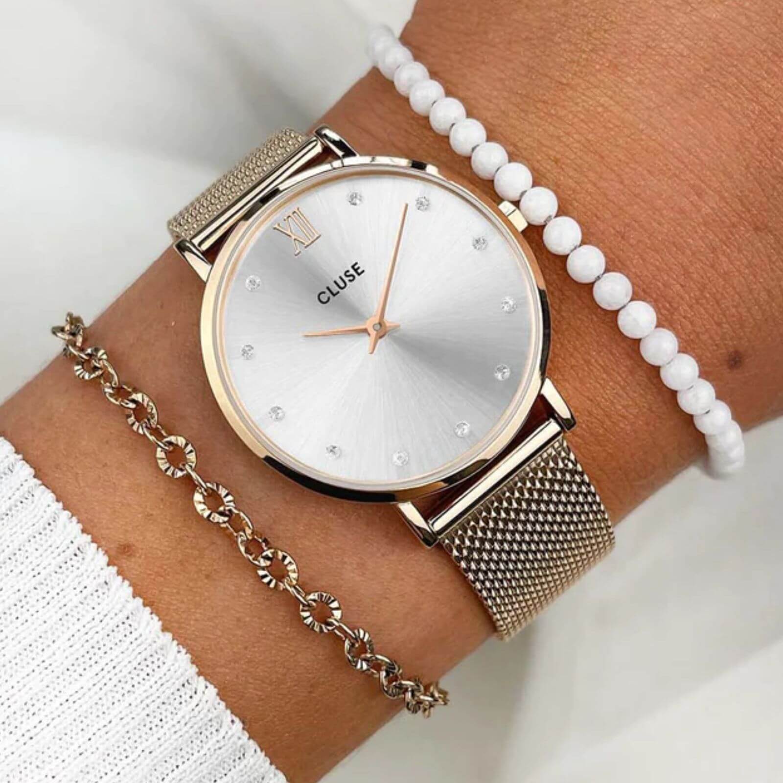 Cluse Minuit Crystal Rose Gold Mesh Watch - Image 4
