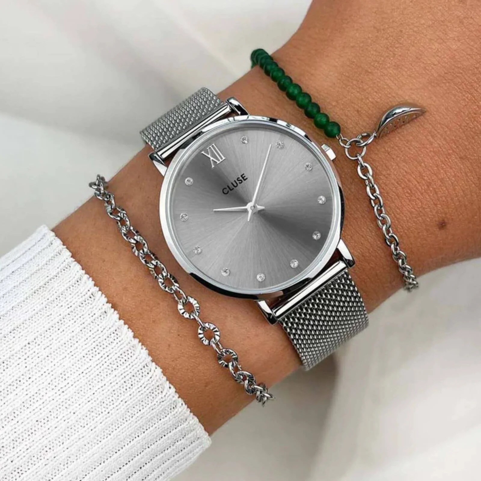 Cluse Minuit Crystal Silver Mesh Watch - Image 4