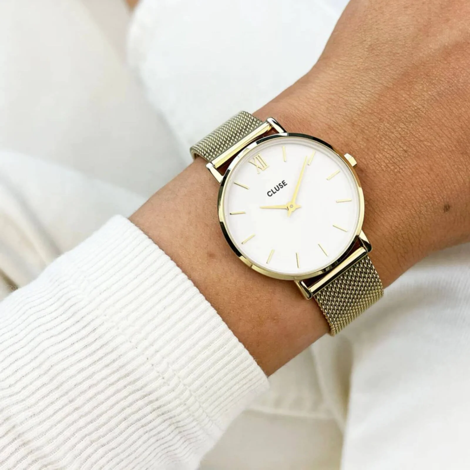 Cluse Minuit Gold Mesh Watch - White - Image 4