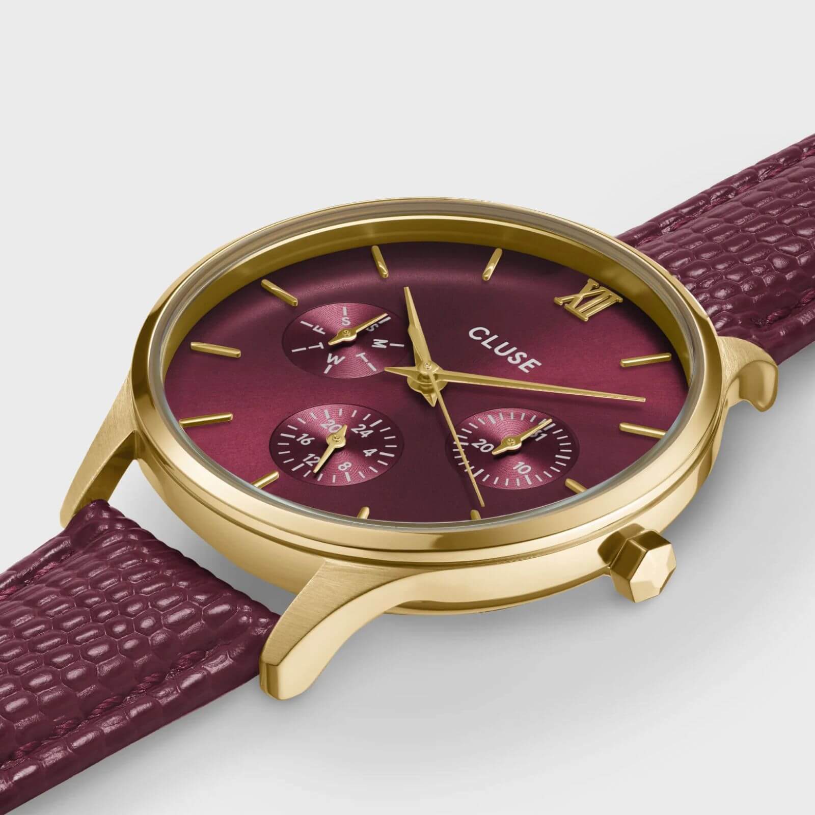 Cluse Minuit Multifunction Gold & Dark Cherry Leather Watch - Image 2