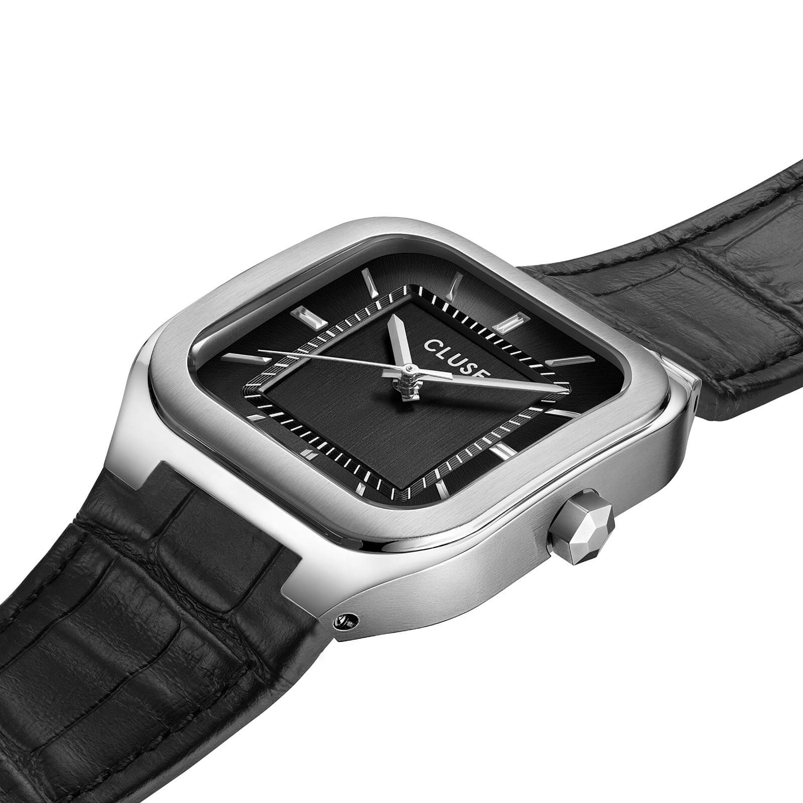 Cluse Quadrus Leather Watch - Silver/Black - Image 2