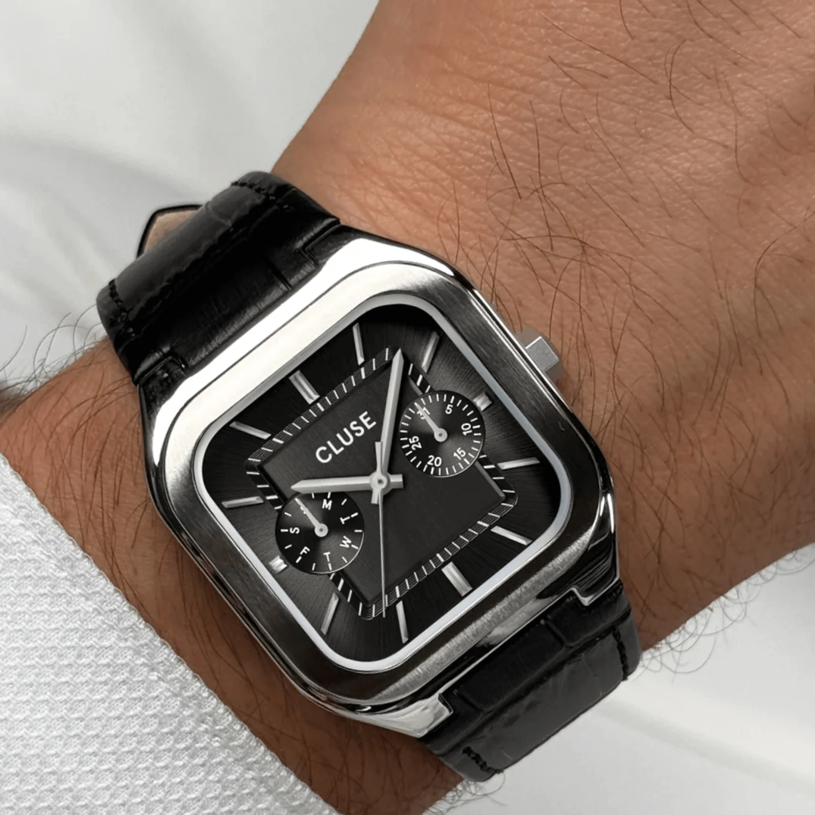 Cluse Quadrus Silver Leather Strap Watch - Black - Image 2