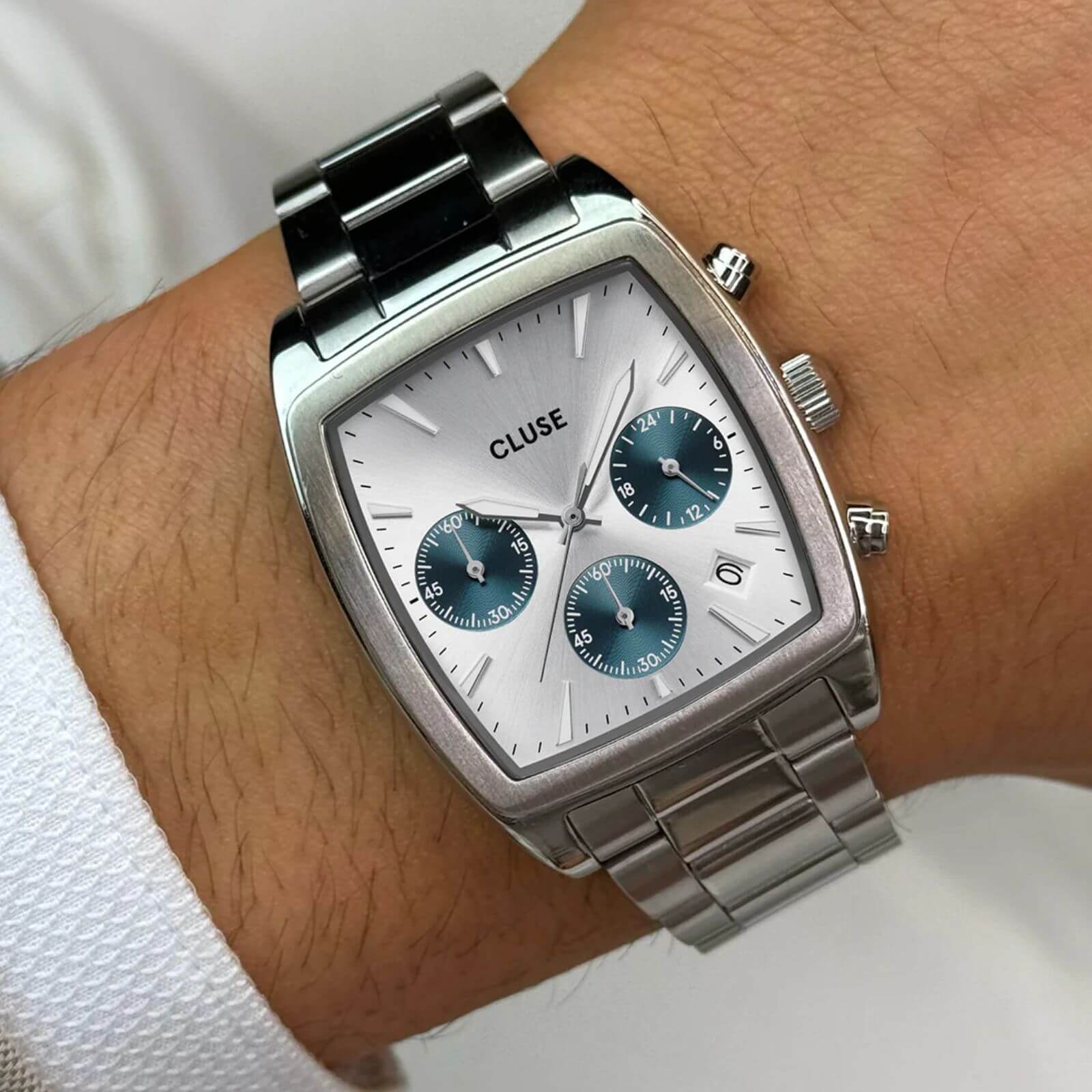 Cluse Quartaut Chrono Steel Silver Watch - Silver/Blue - Image 3
