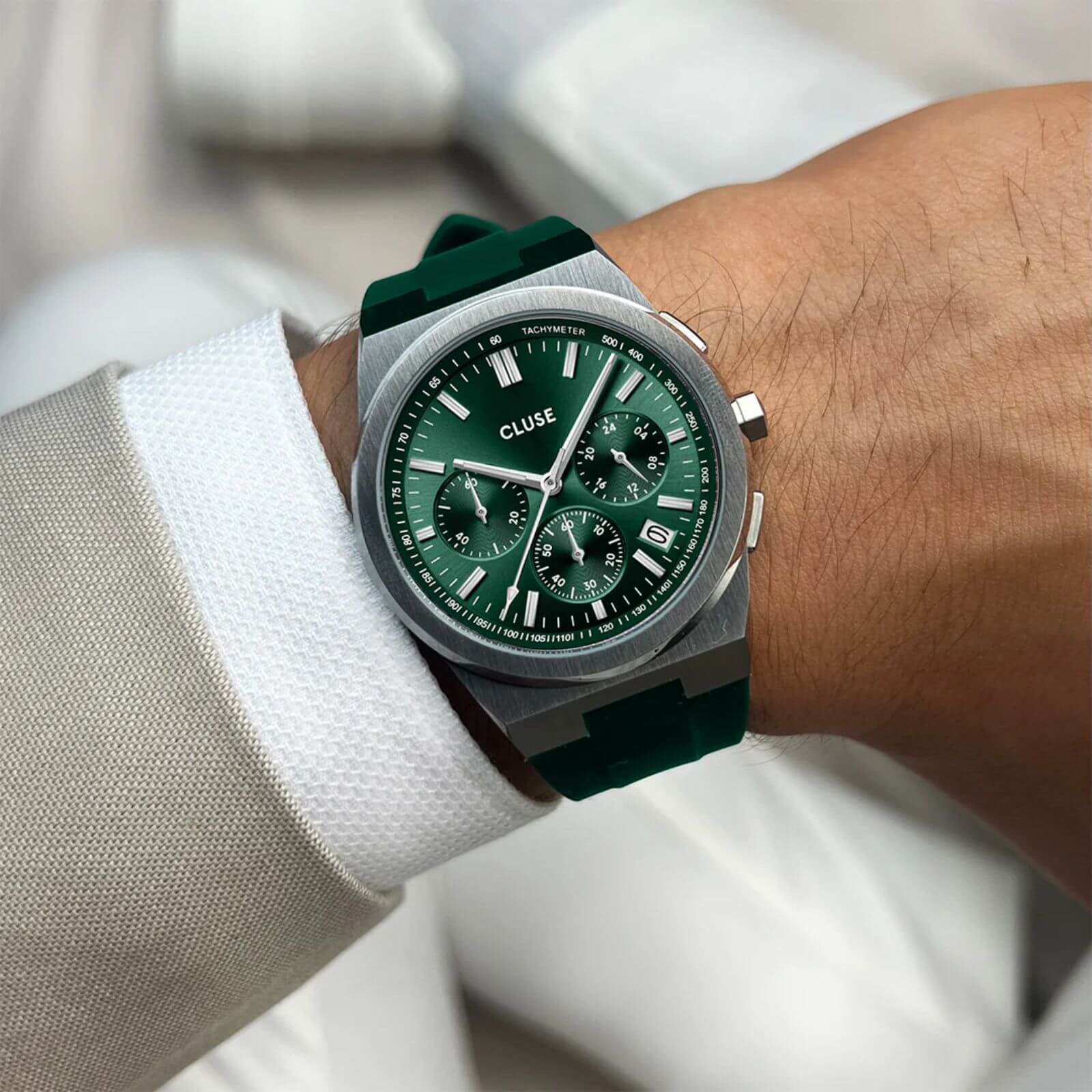 Cluse Vigoureux Chrono Silicone Silver Watch - Green - Image 3