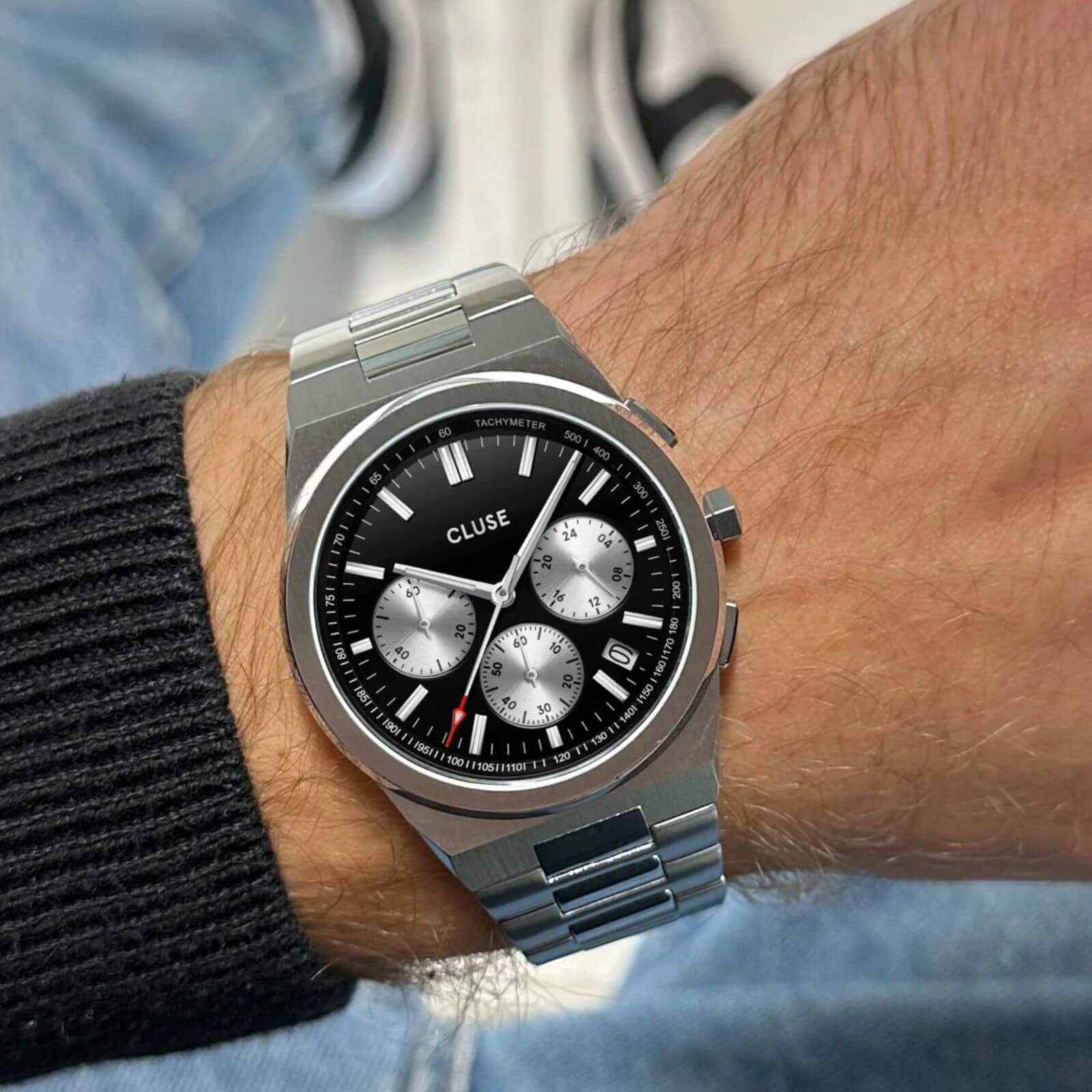 Cluse Vigoureux Chrono Steel Silver Watch - Black - Image 4