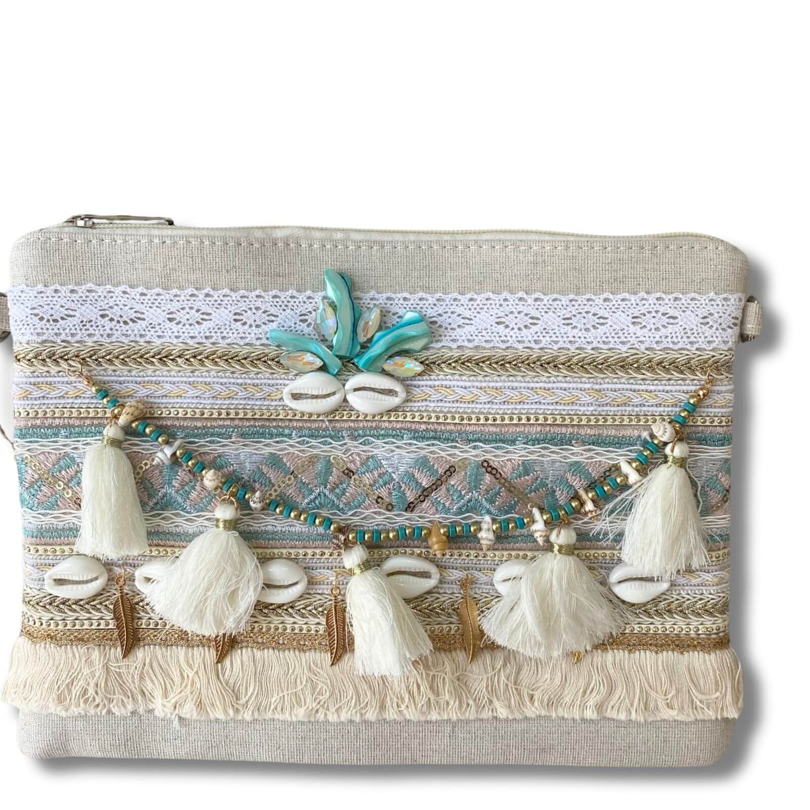 Cream Shell & Tassel Zip Pouch Bag