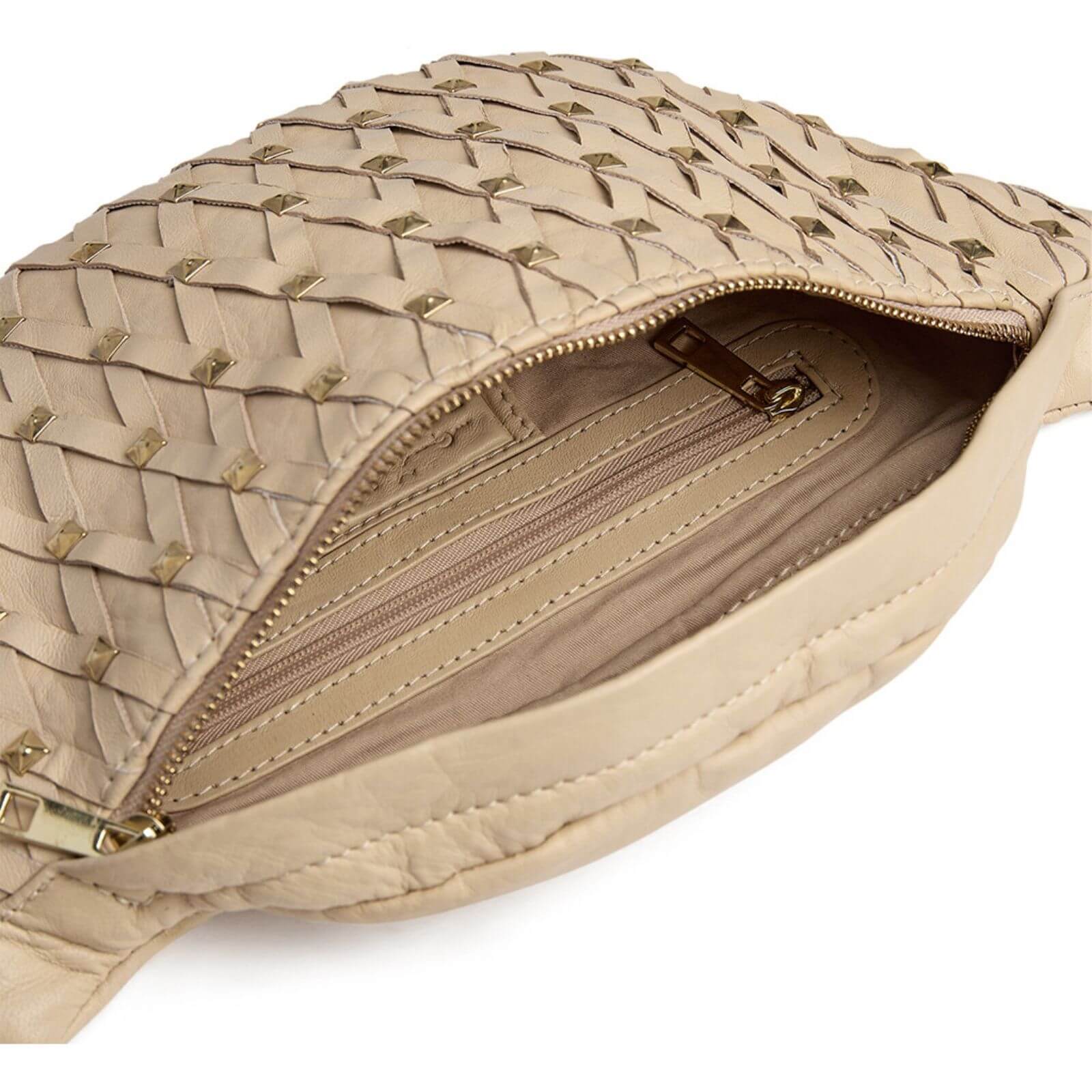 Depeche Beige Leather Bumbag/Sling Gold Studded Bag - Image 3