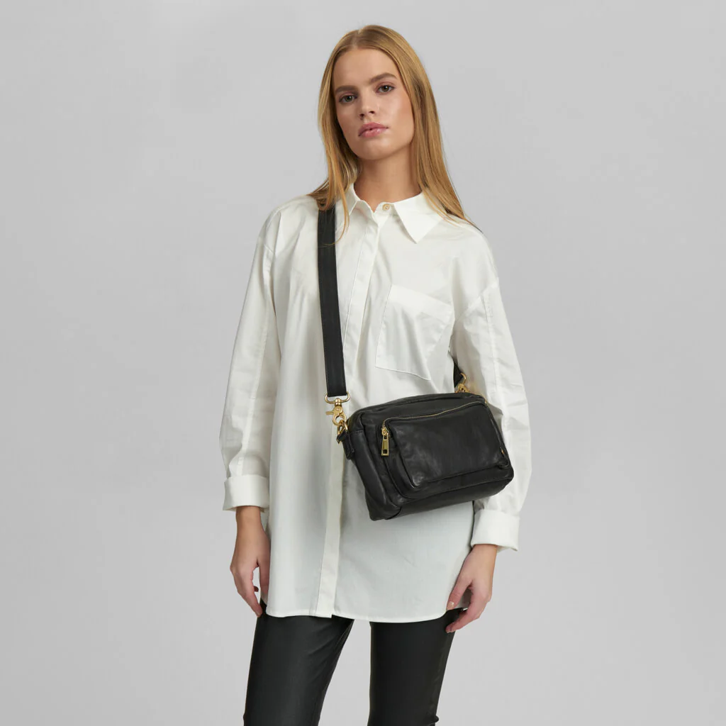 Depeche Black Leather Double Compartment Crossbody Bag - Image 3