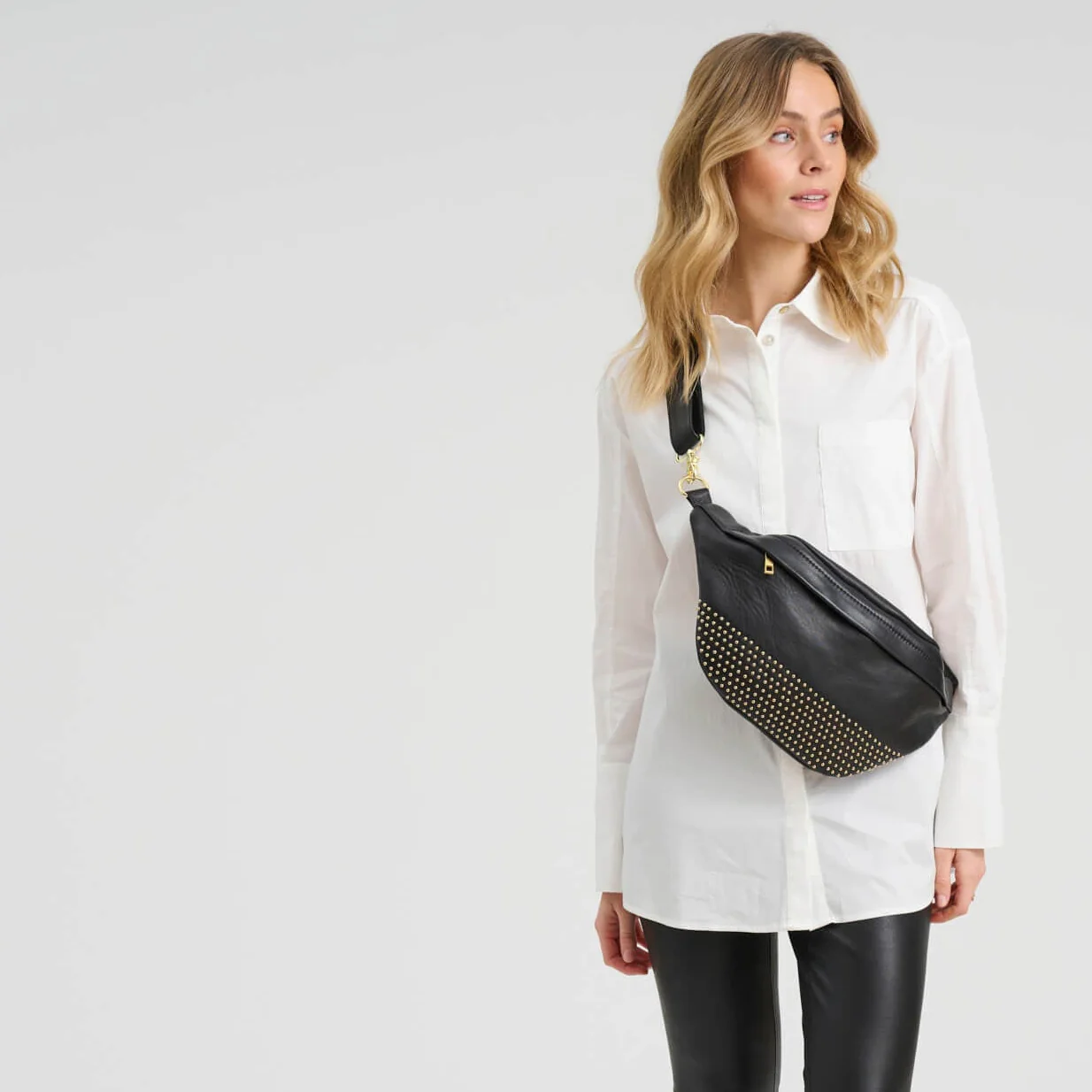 Depeche Black Leather Small Studded Bumbag/Sling Bag - Image 3