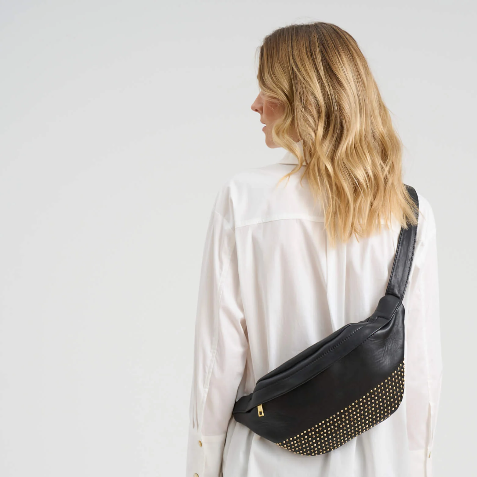 Depeche Black Leather Small Studded Bumbag/Sling Bag - Image 4