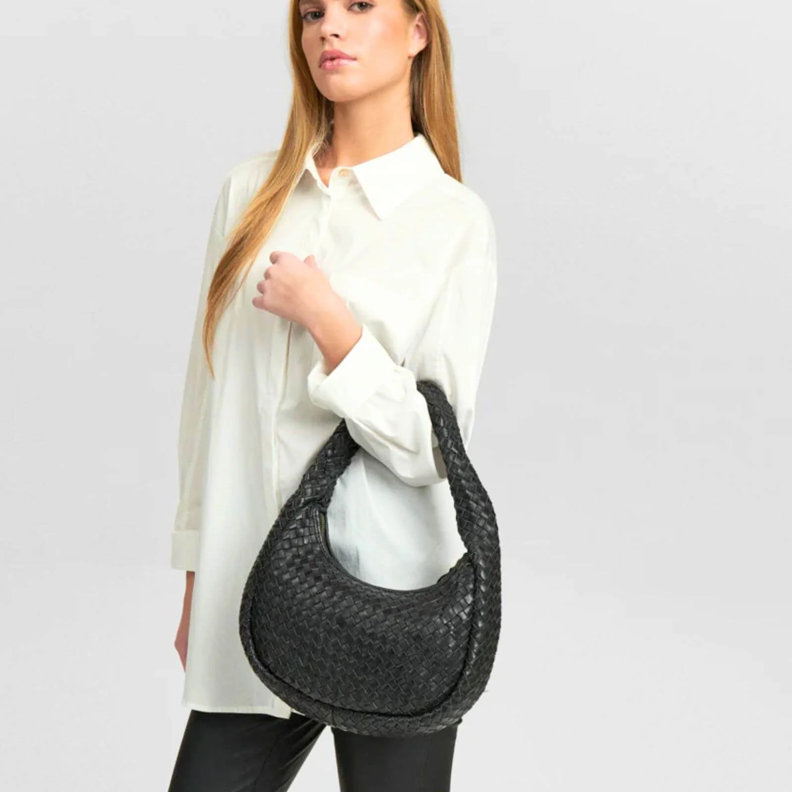 Depeche Black Leather Woven Grab Bag - Image 4