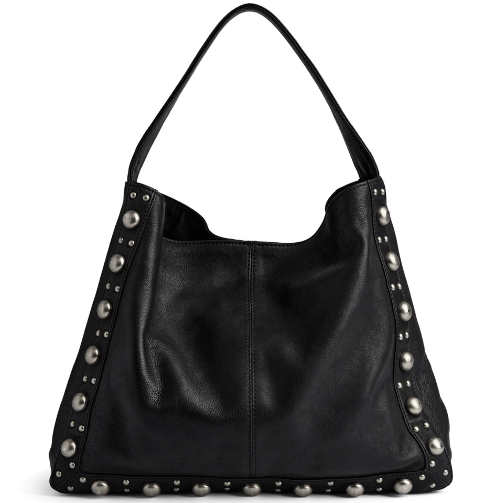 Depeche Silver Studded Black Leather Slouch Shoulder Bag