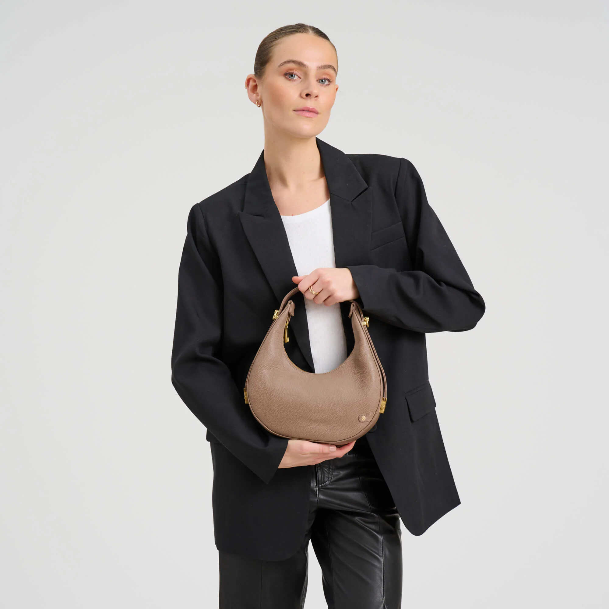 Depeche Taupe Leather Half Moon Shoulder Bag - Image 4