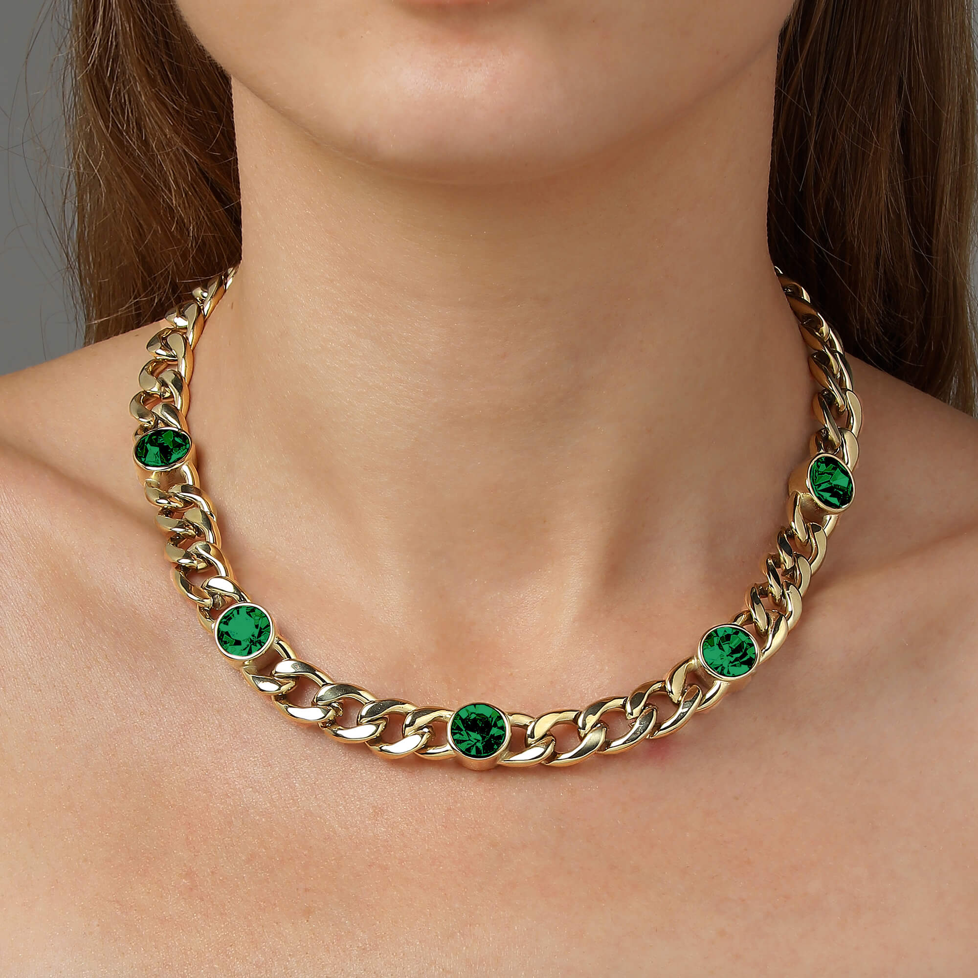 Dyrberg Kern Angelina Gold Chunky Curb Chain Necklace - Emerald Green - Image 2