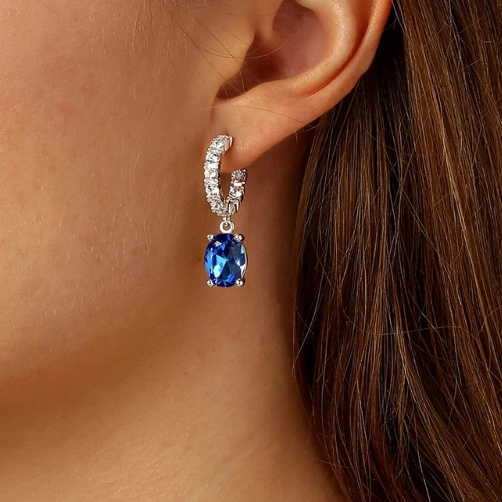 Dyrberg Kern Barbara Silver Hoop Charm Earrings - Sapphire - Image 2