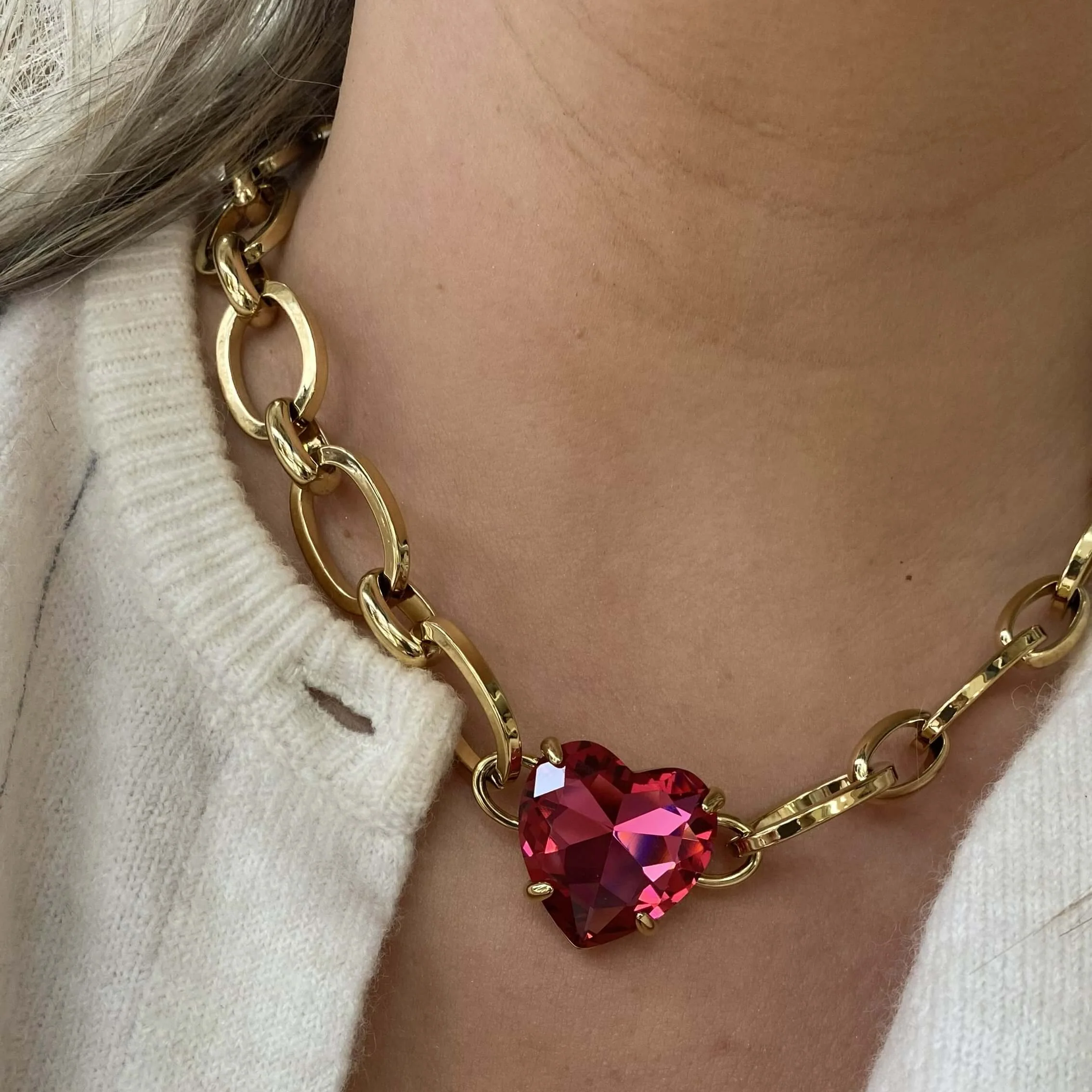 DYRBERG/KERN Braze Gold Large Link Heart Pendant Necklace - Rose - Image 3