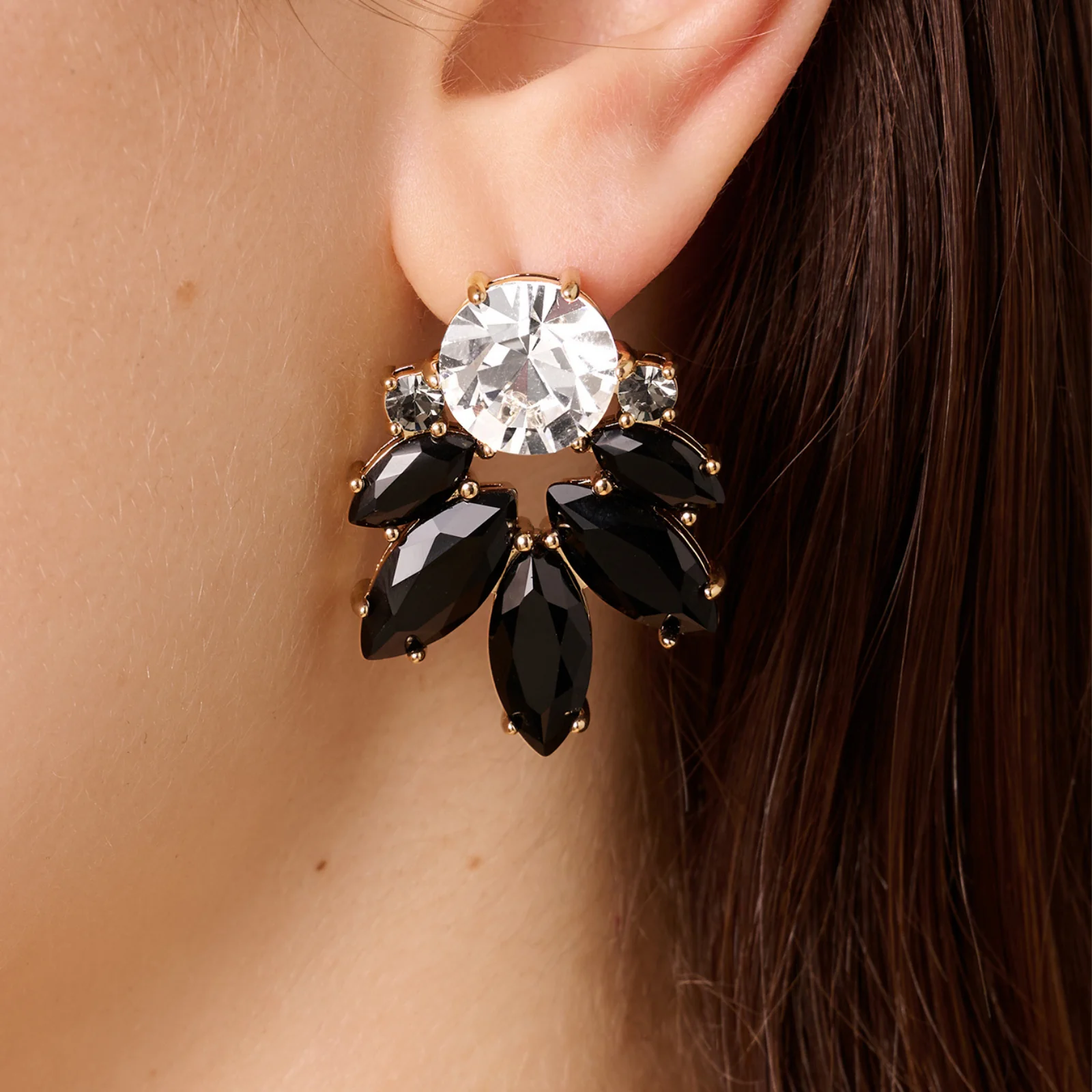 DYRBERG/KERN Drago Gold Large Stud Earrings - Black/Crystal - Image 2