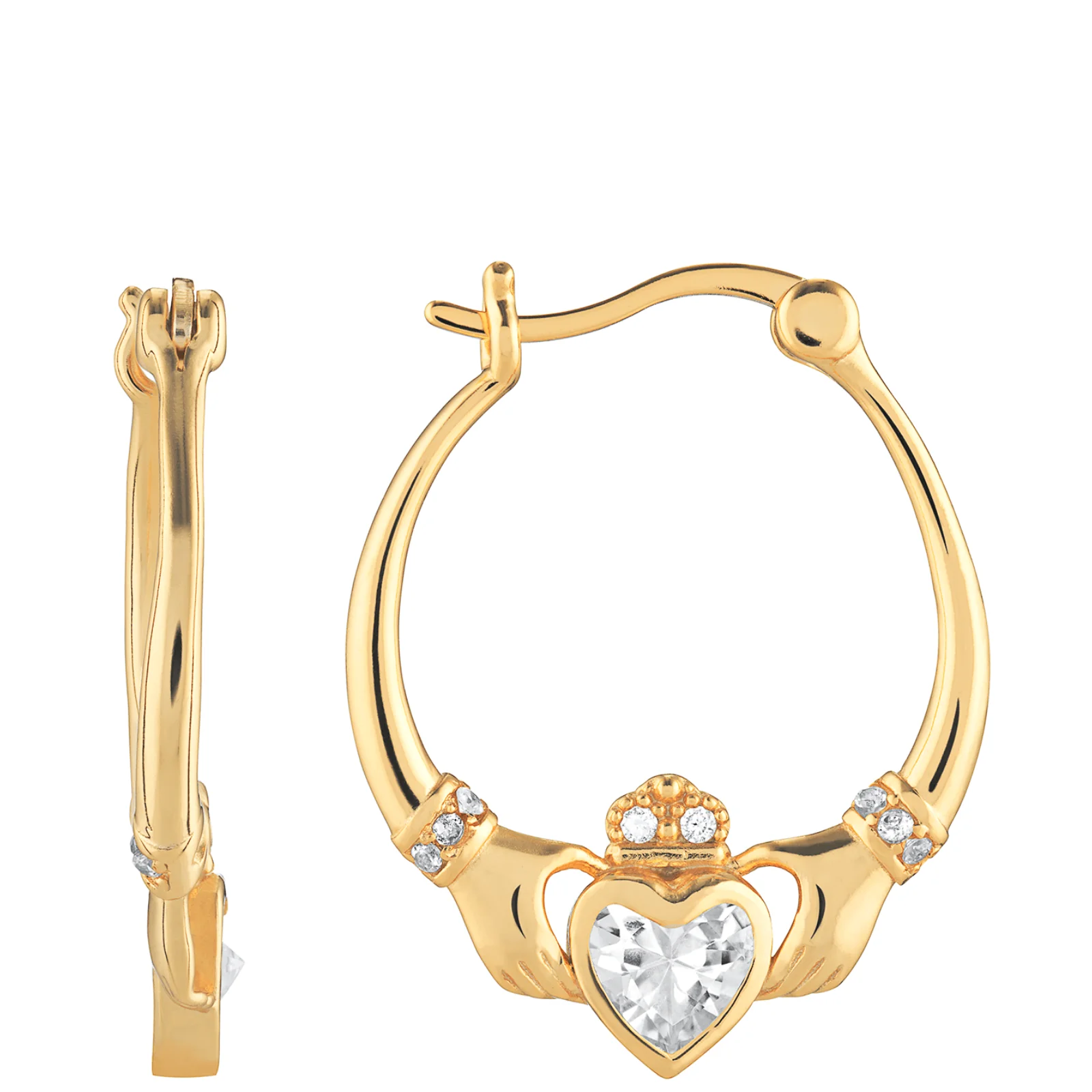 Gold Crystal Claddagh Hinged Hoop Earrings