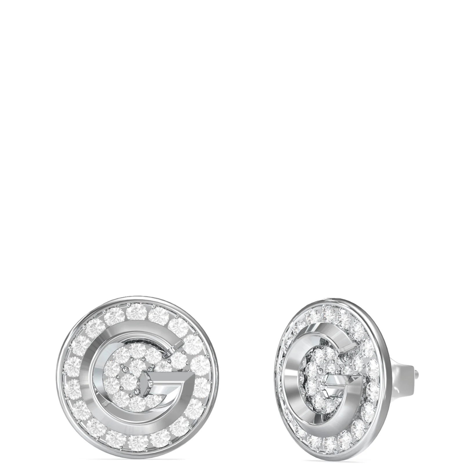 Guess G Logo Silver & Crystal Pave Disc Stud Earrings