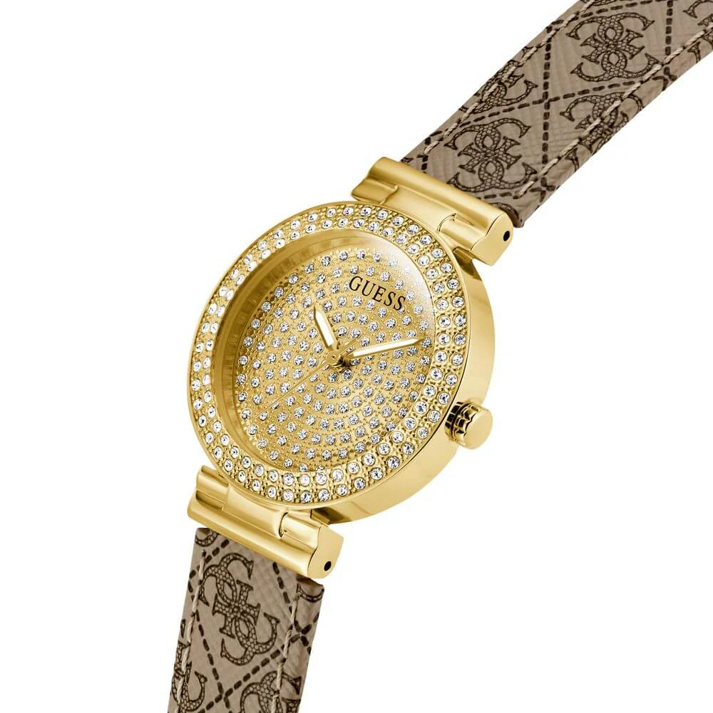 Guess Ivy Gold & Beige Branded Strap Watch - Image 3