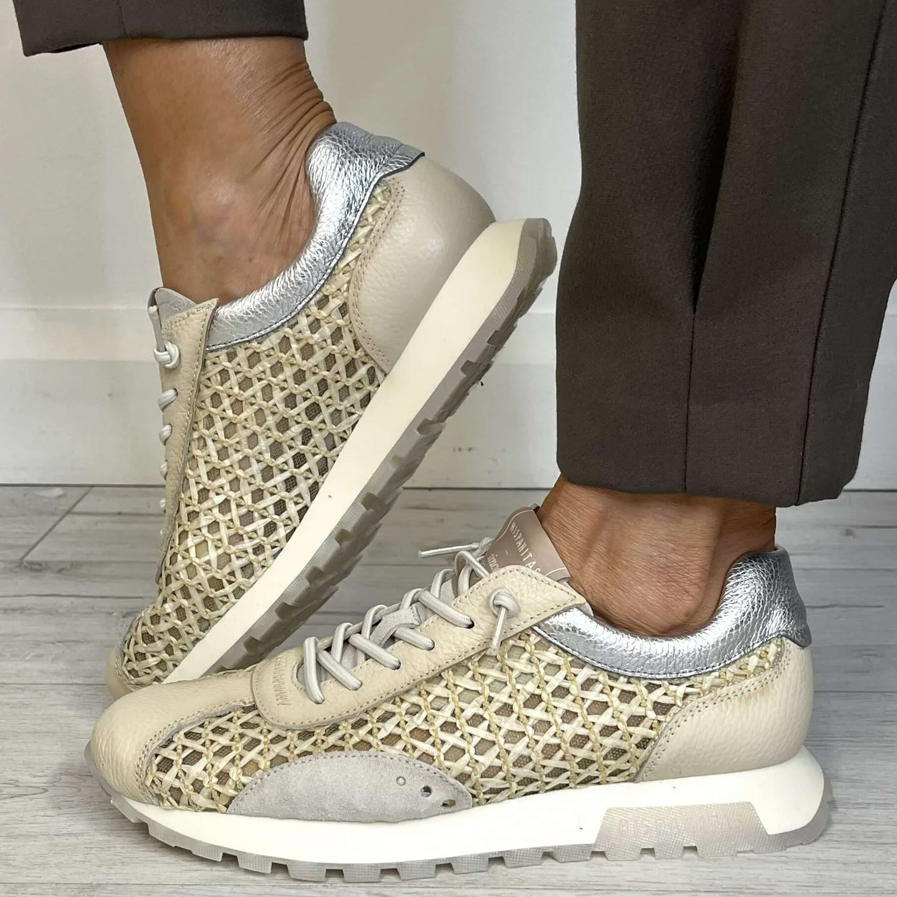 Hispanitas Beige Leather Woven Retro Sneakers - Image 4