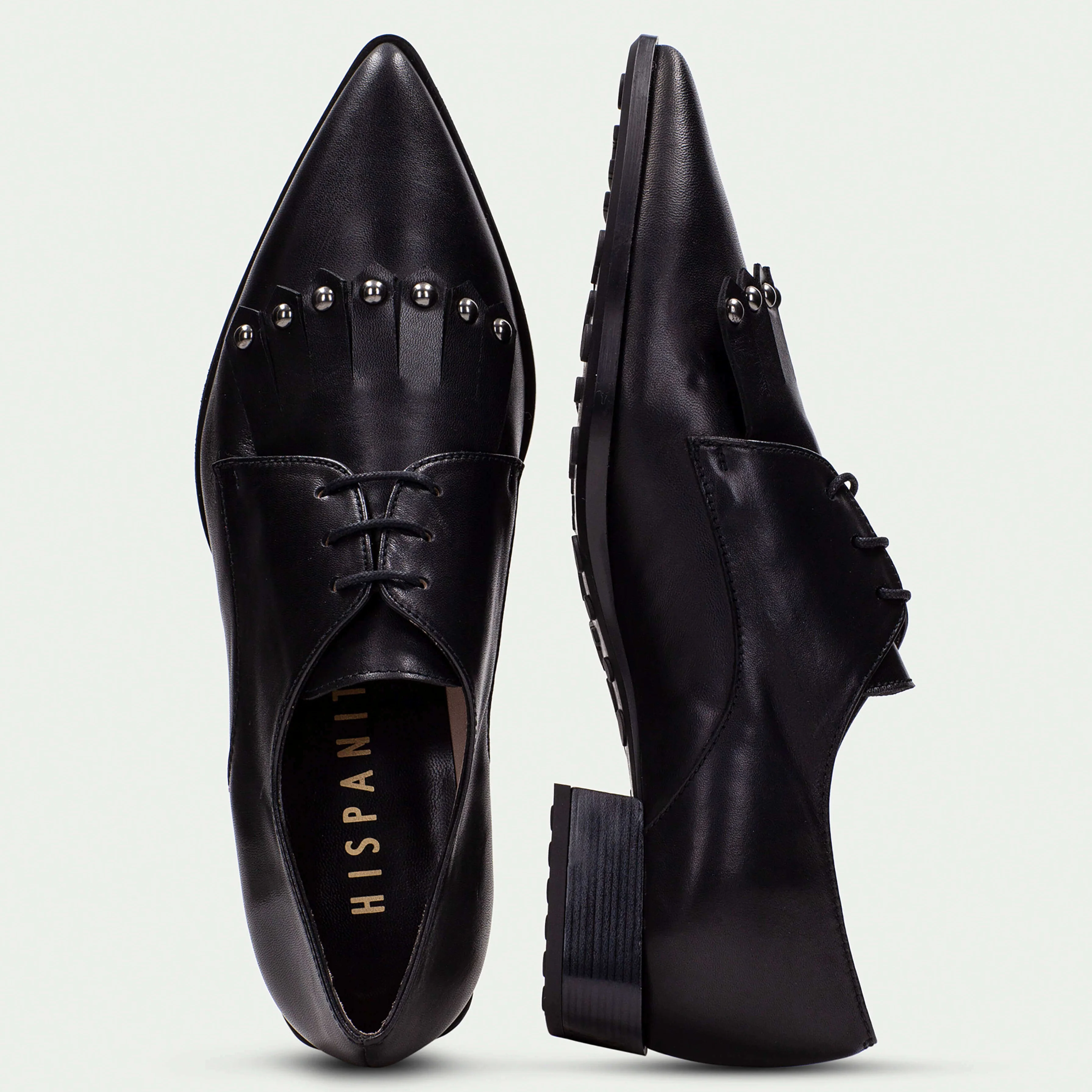 Hispanitas Black Leather Pointed Toe Flat Brogues - Image 4