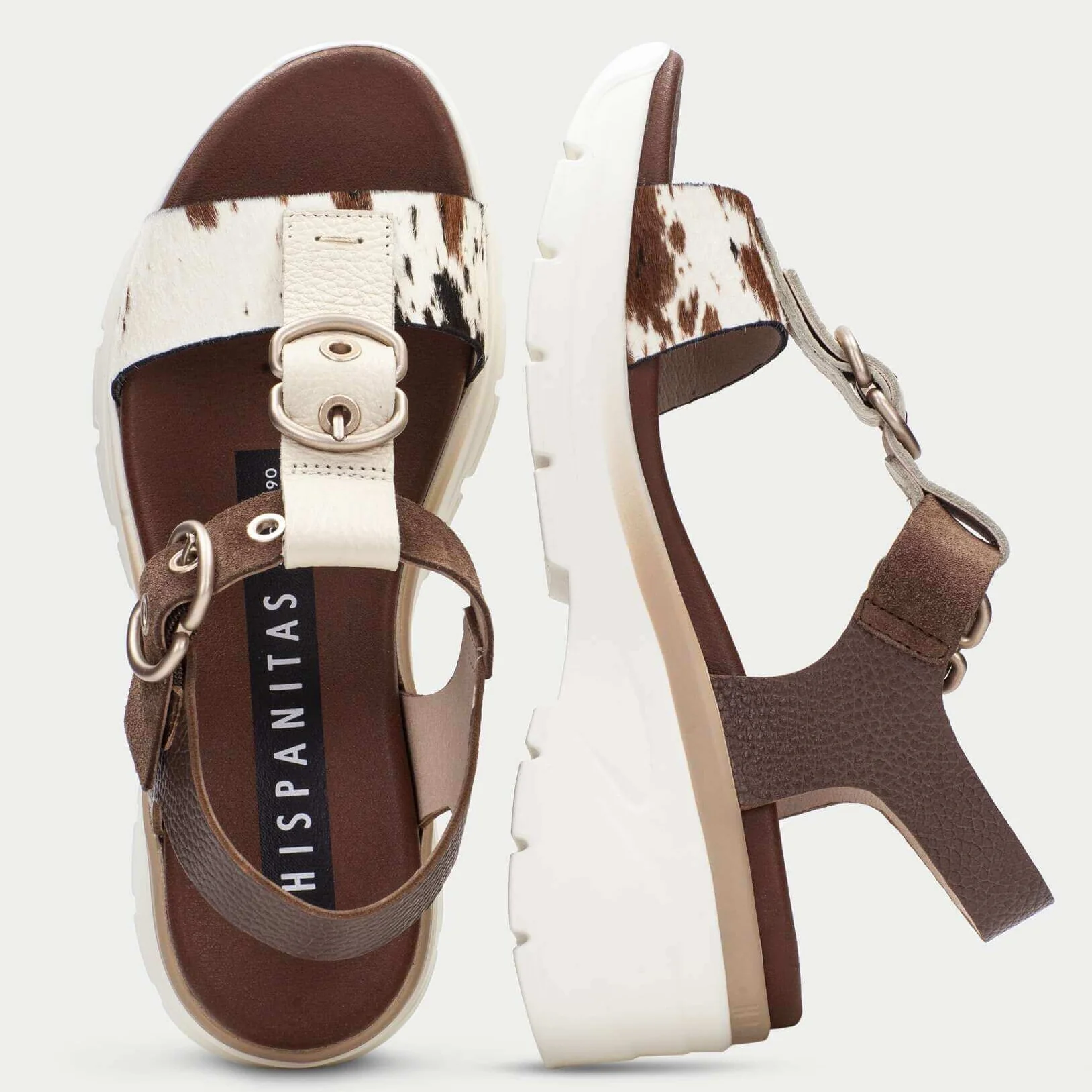 Hispanitas Brown Cow Patterned Leather Elevated Sole Sandals - Image 4
