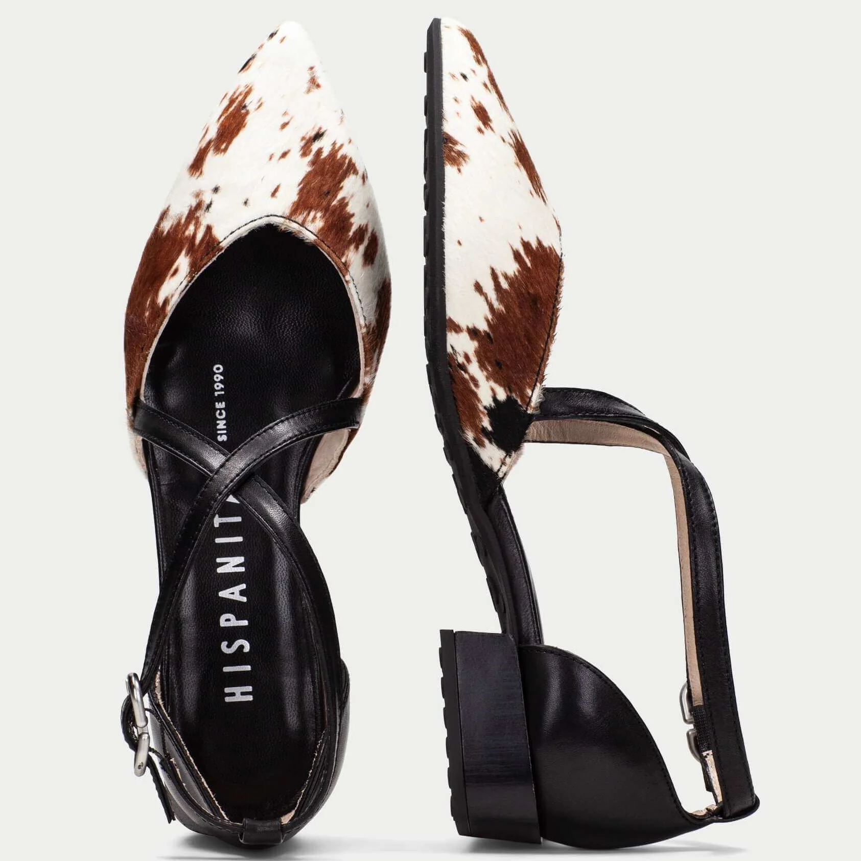Hispanitas Brown Cow Patterned Leather Strappy Pointed Toe Shoes - Image 4
