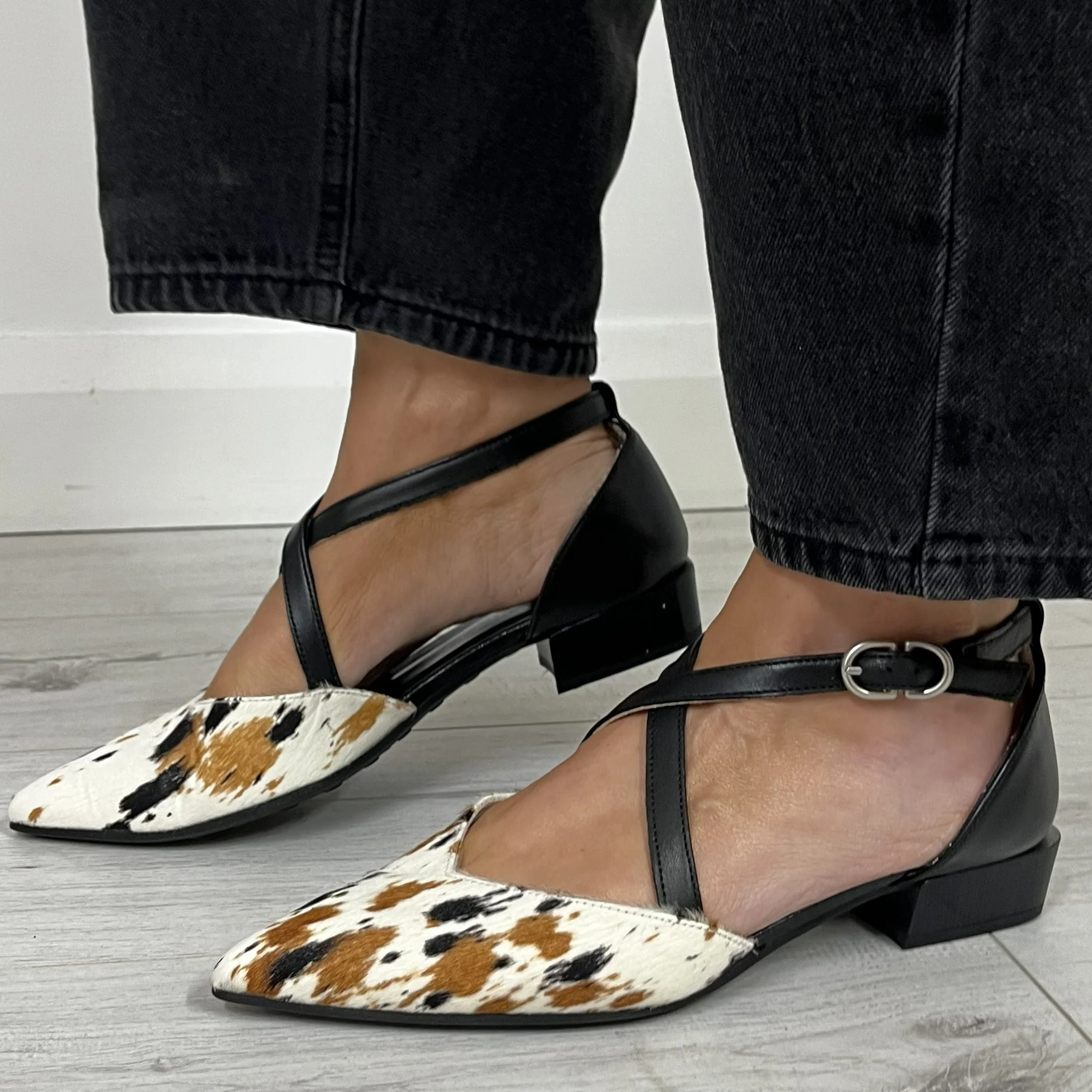 Hispanitas Brown Cow Patterned Leather Strappy Pointed Toe Shoes - Image 5