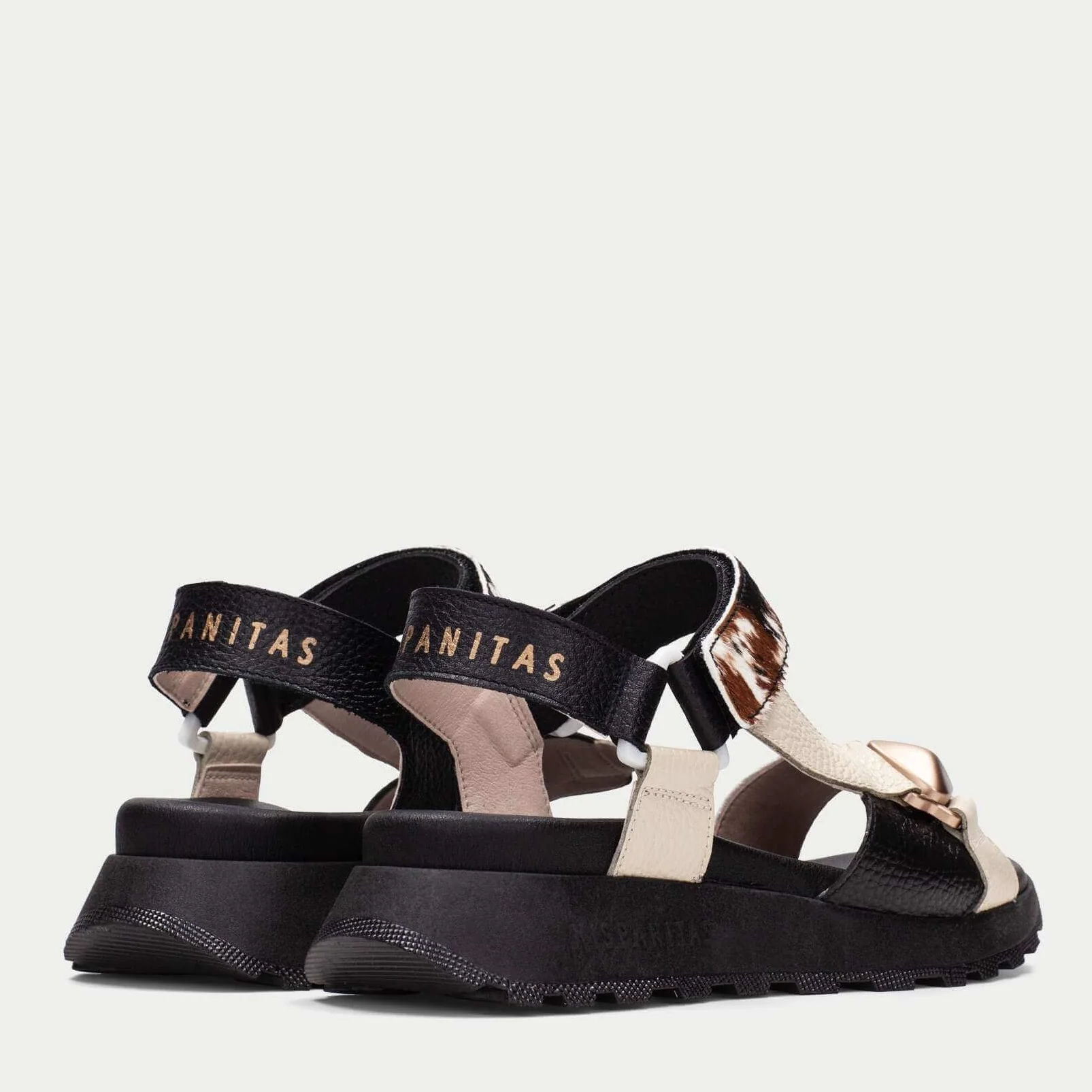 Hispanitas Brown Cow Patterned Leather Velcro Strap Sandals - Image 3