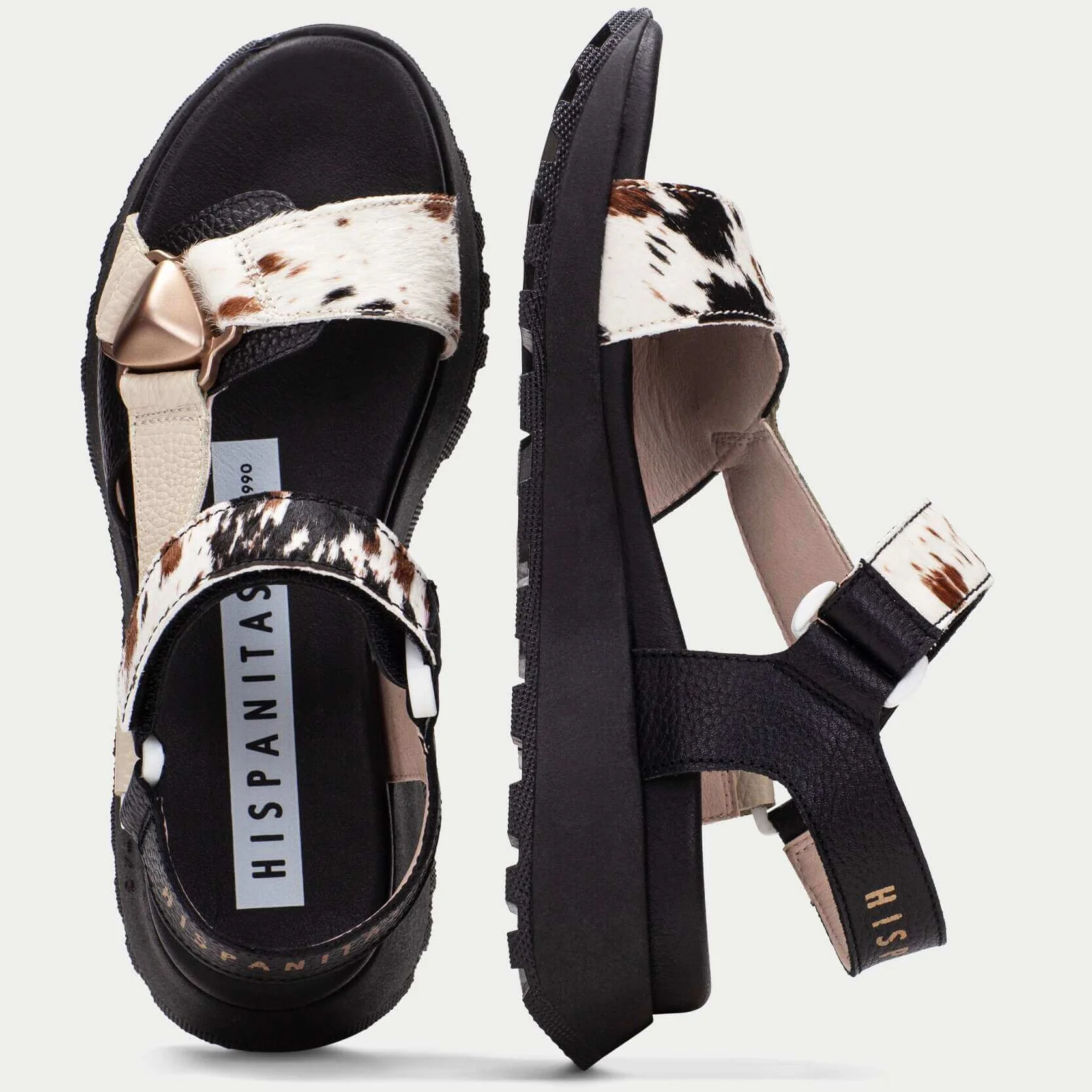 Hispanitas Brown Cow Patterned Leather Velcro Strap Sandals - Image 4